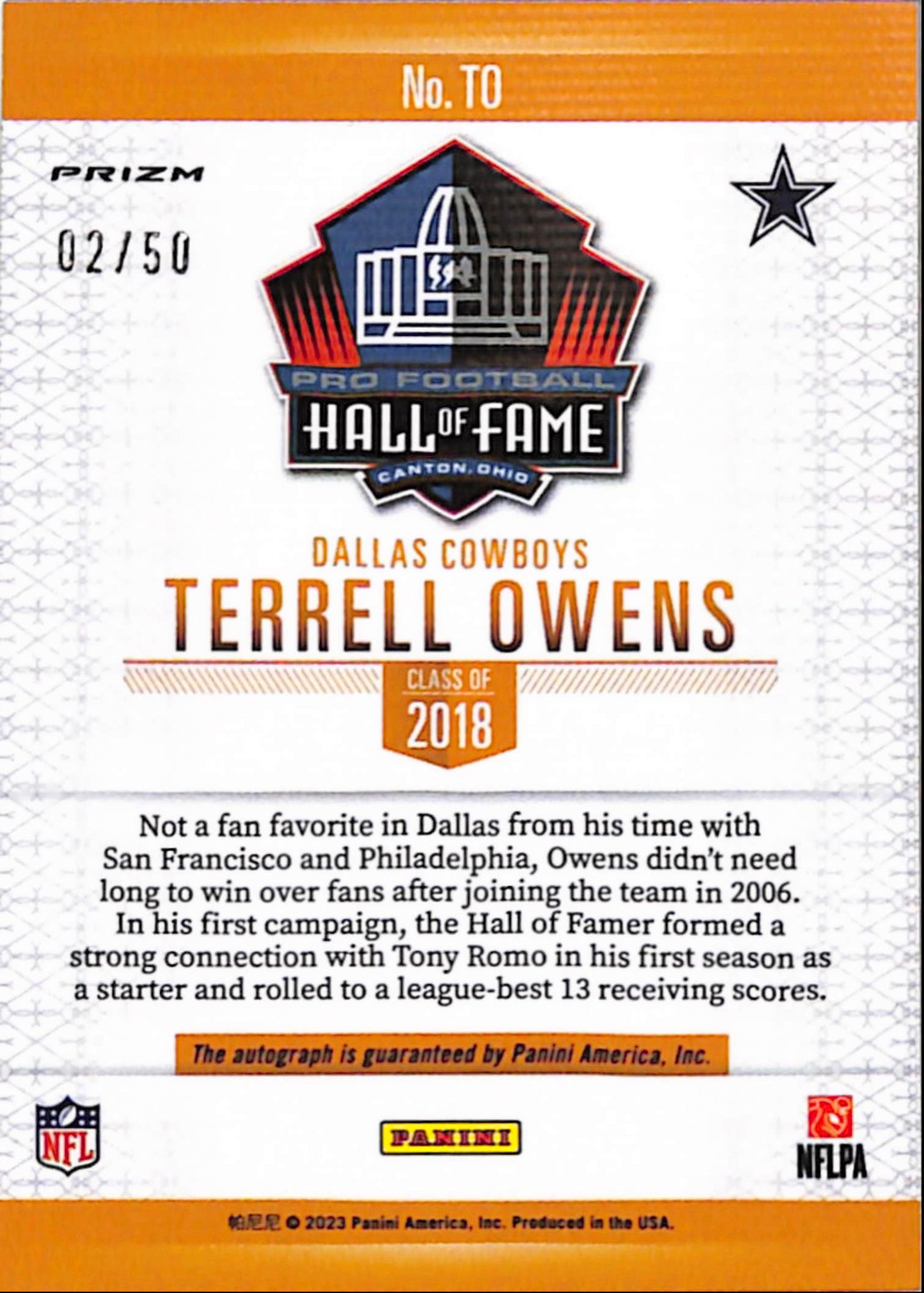 Terrell Owens 2023 Panini Hall of Fame Autograph #2/50