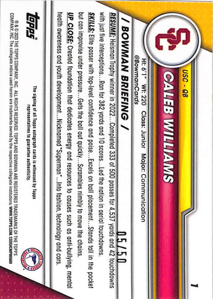 Caleb Williams 2023 Bowman Chrome University Gold Refractor Auto #5/50
