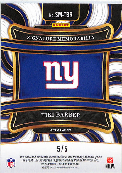 Tiki Barber 2024 Panini Select Green Prizm Jersey Tag Auto #5/5