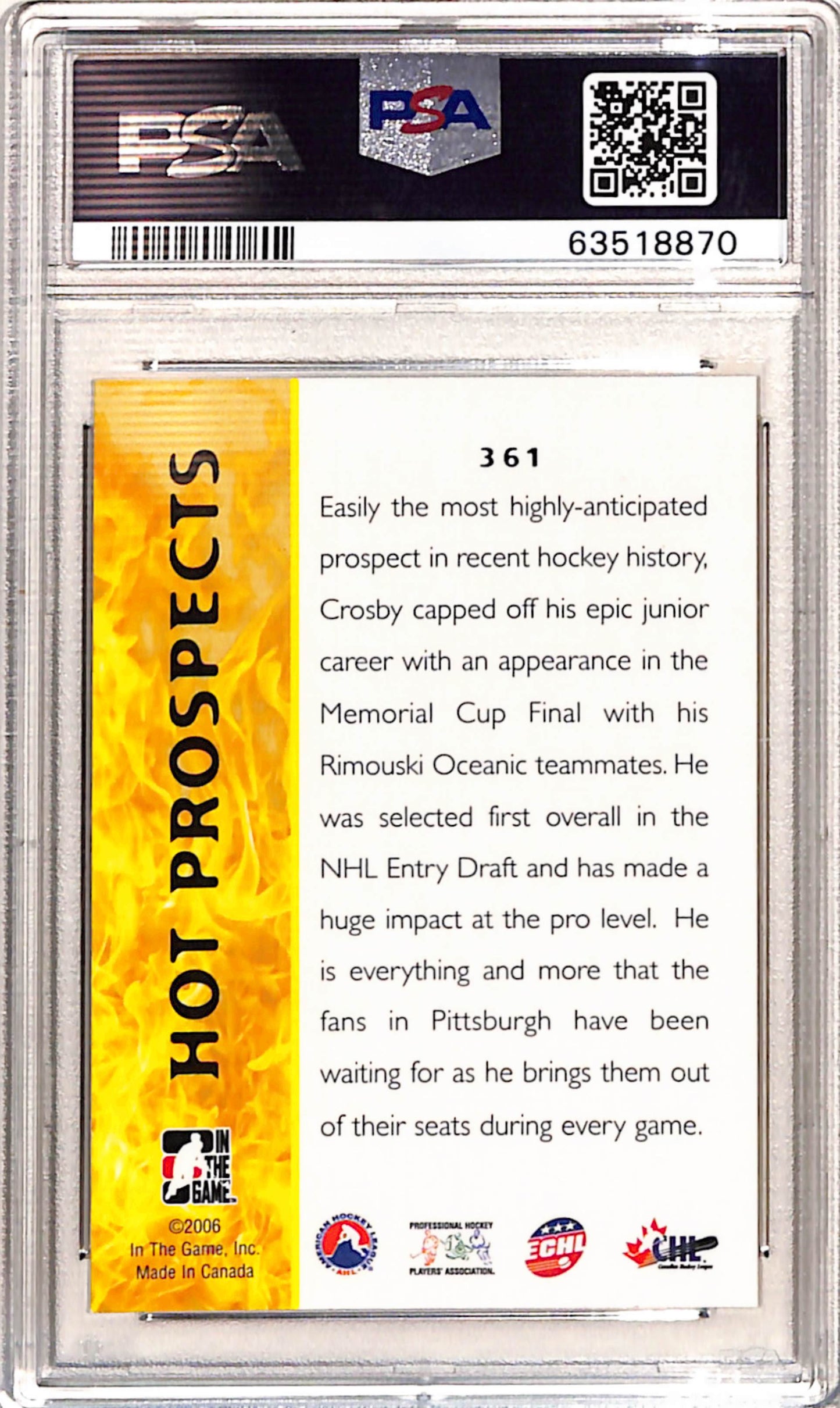 Sidney Crosby 2015 In the Game Heroes and Prospects Rookie #361 PSA 10 Gem Mint