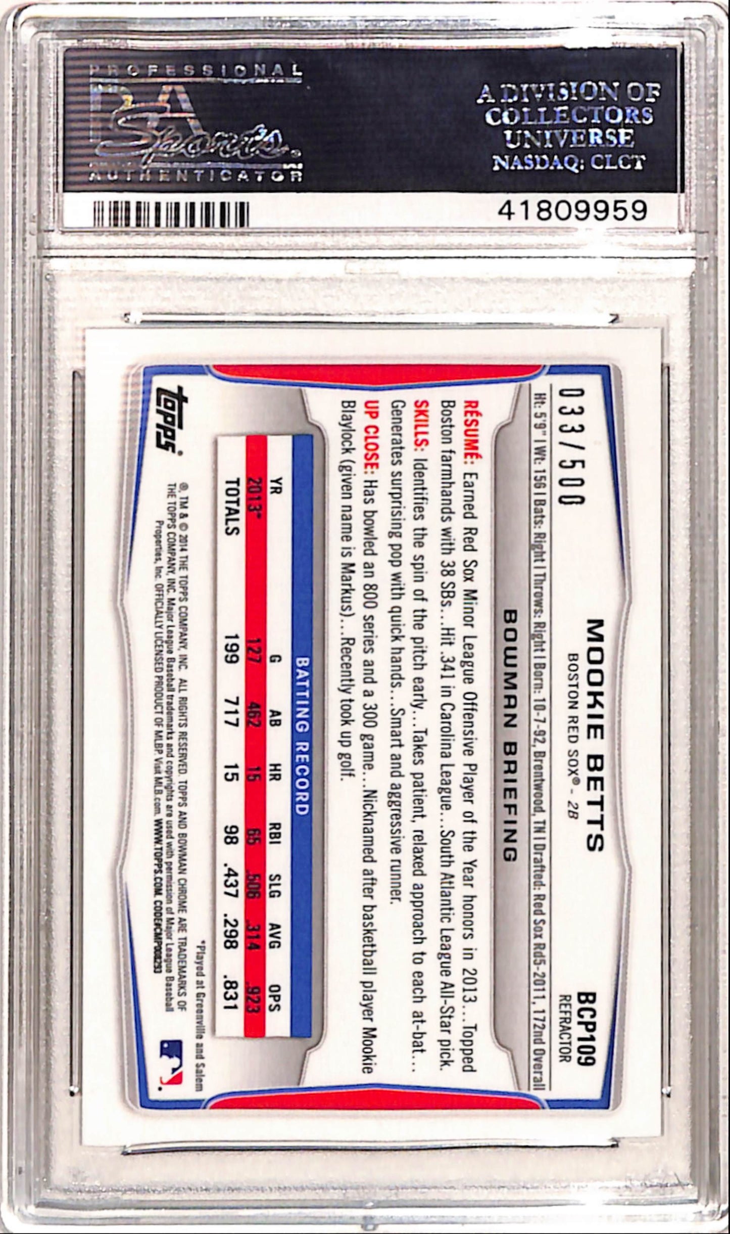 Mookie Betts 2014 Bowman Chrome Rookie Refractor #33/500 PSA 10 Gem Mint