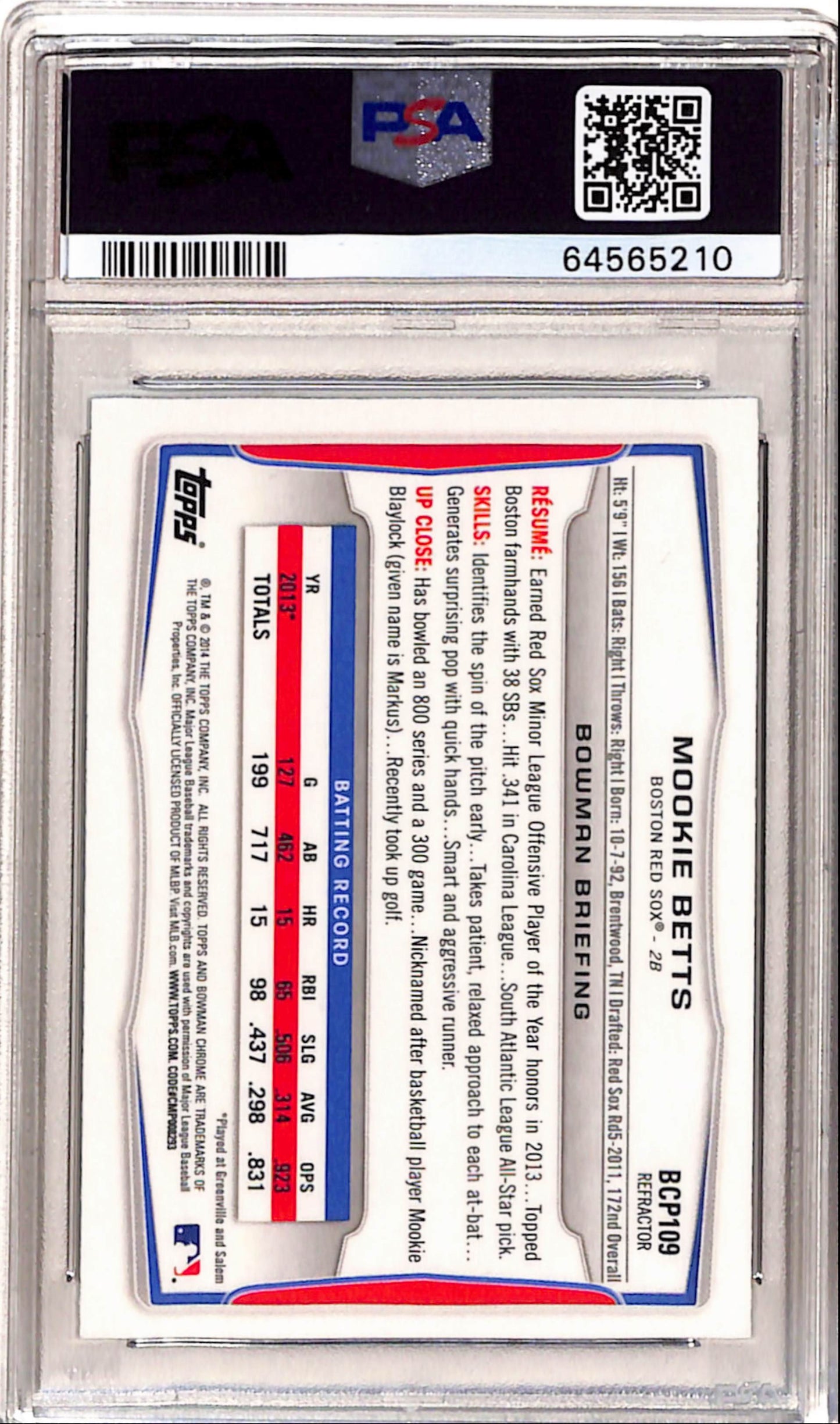 Mookie Betts 2014 Bowman Chrome Rookie Blue Wave Refractor PSA 10 Gem Mint