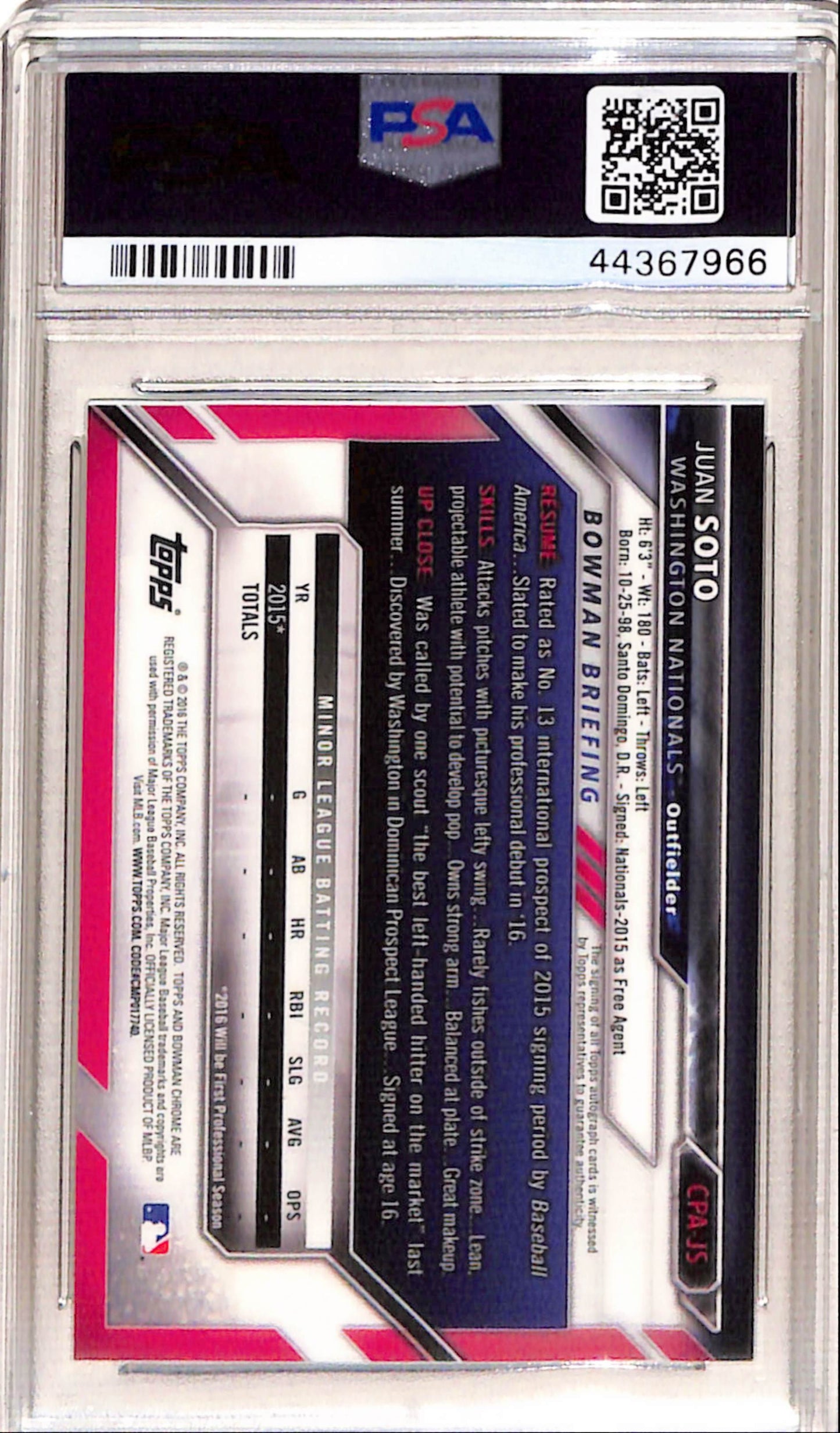 Juan Soto 2016 Bowman Chrome Autograph PSA 10 Gem Mint 7966