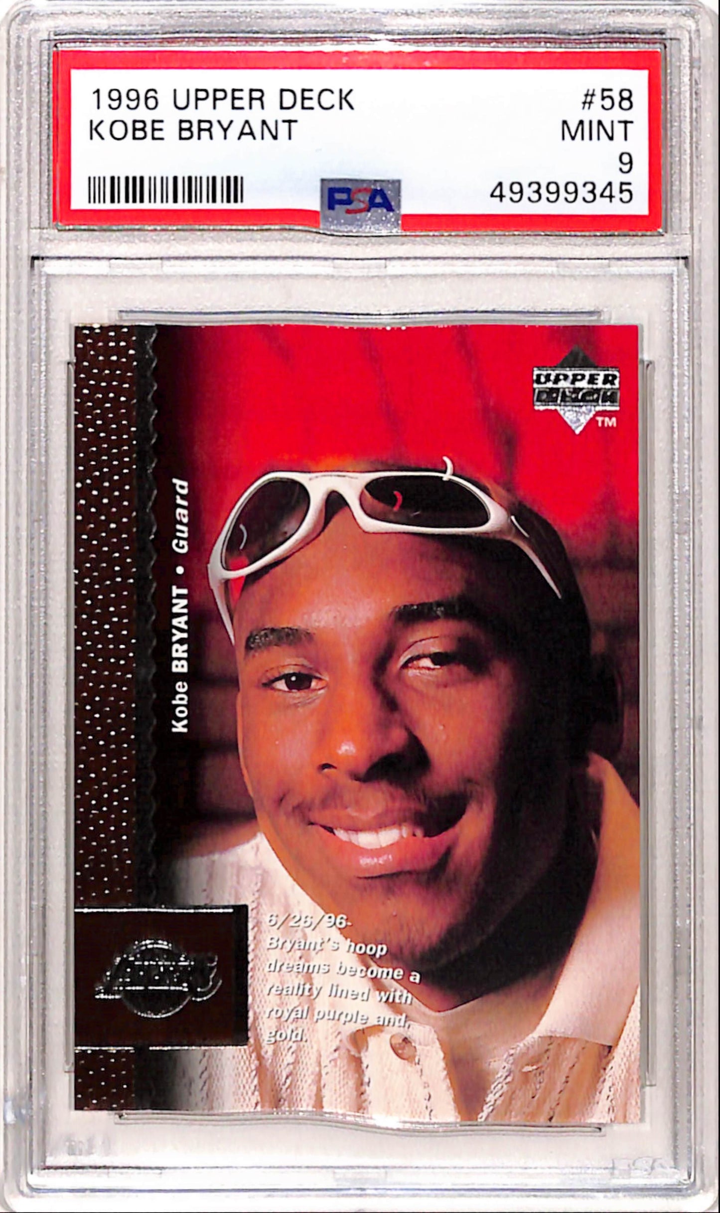 Kobe Bryant 1996 Upper Deck Rookie #58 PSA 9 Mint 9345