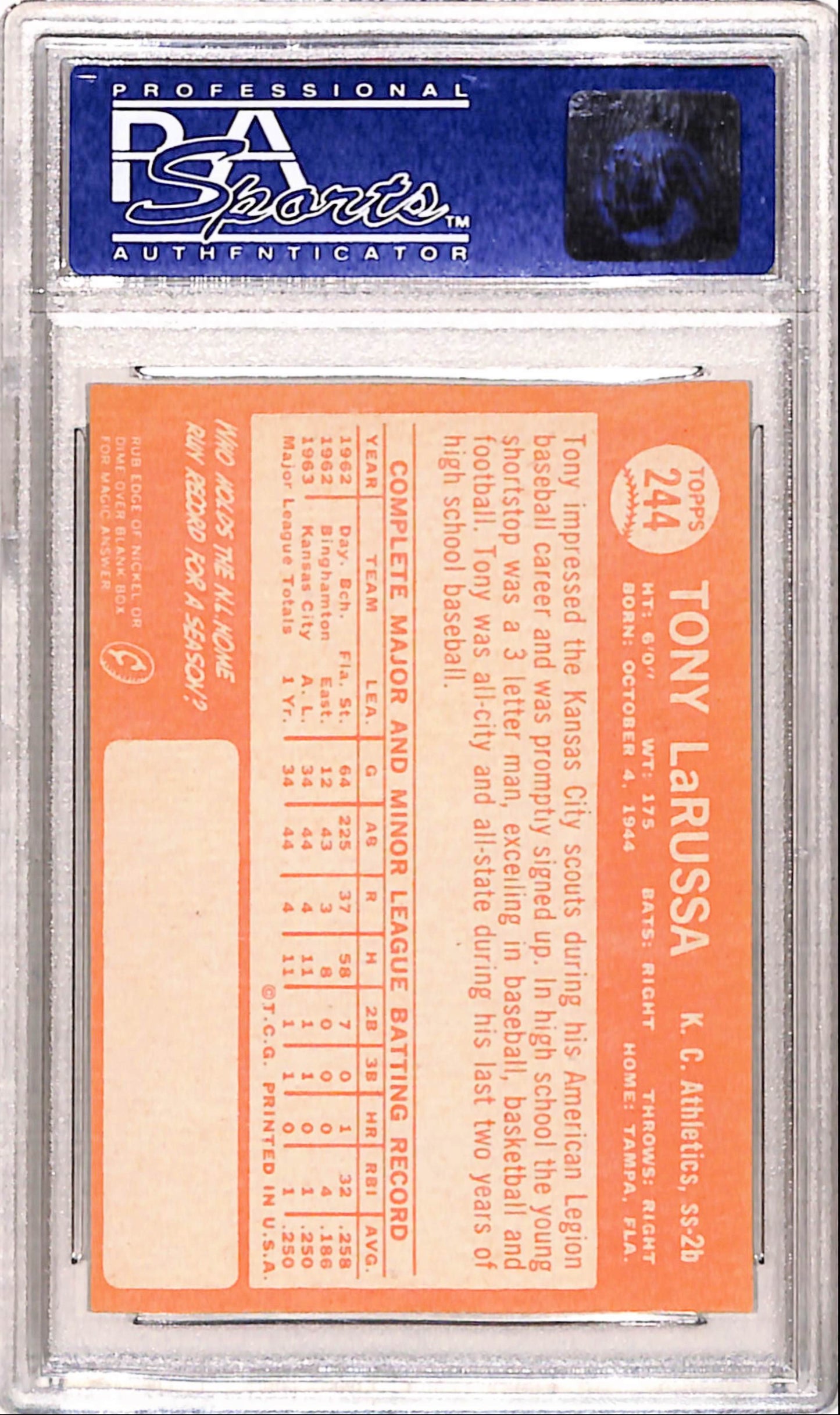 Tony LaRussa 1964 Topps #244 PSA 9 Mint