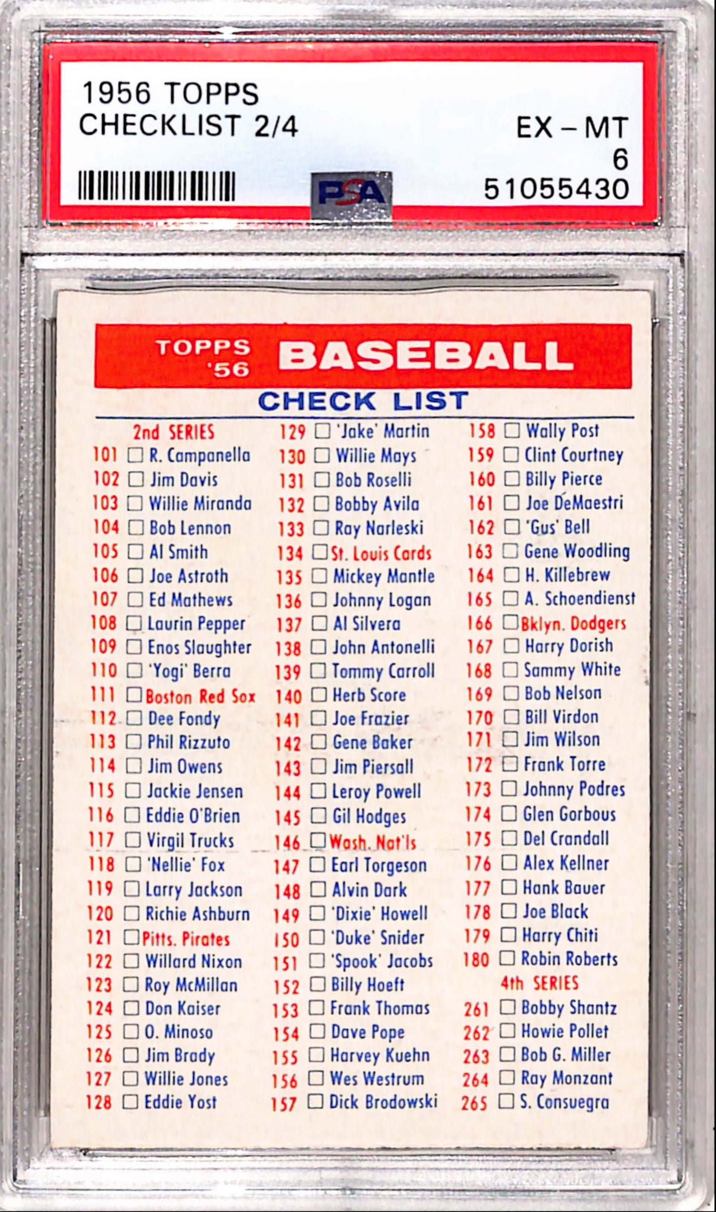 1956 Topps Checklist 2/4 PSA 6 Ex-Mint