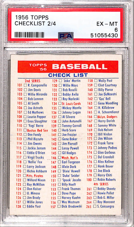 1956 Topps Checklist 2/4 PSA 6 Ex-Mint