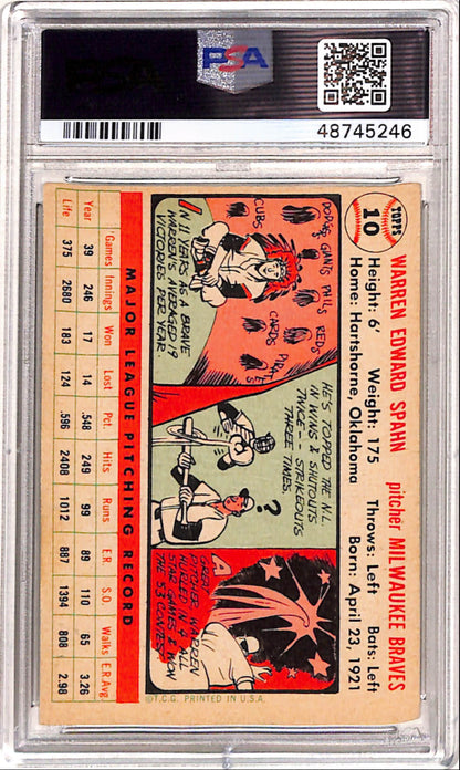 Warren Spahn 1956 Topps #10 White Back PSA 6 Ex-Mint