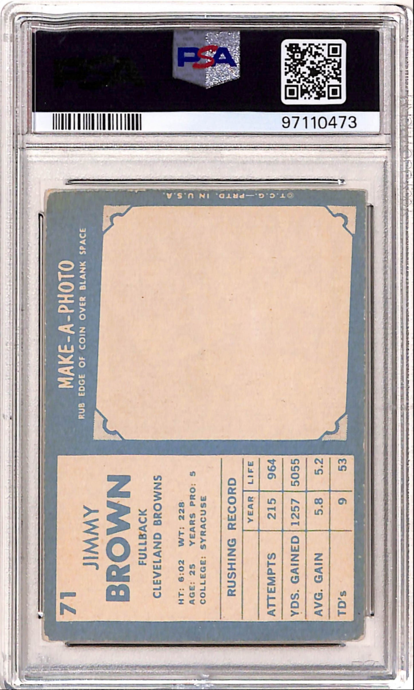 Jim Brown 1961 Topps #71 PSA 3 Very Good