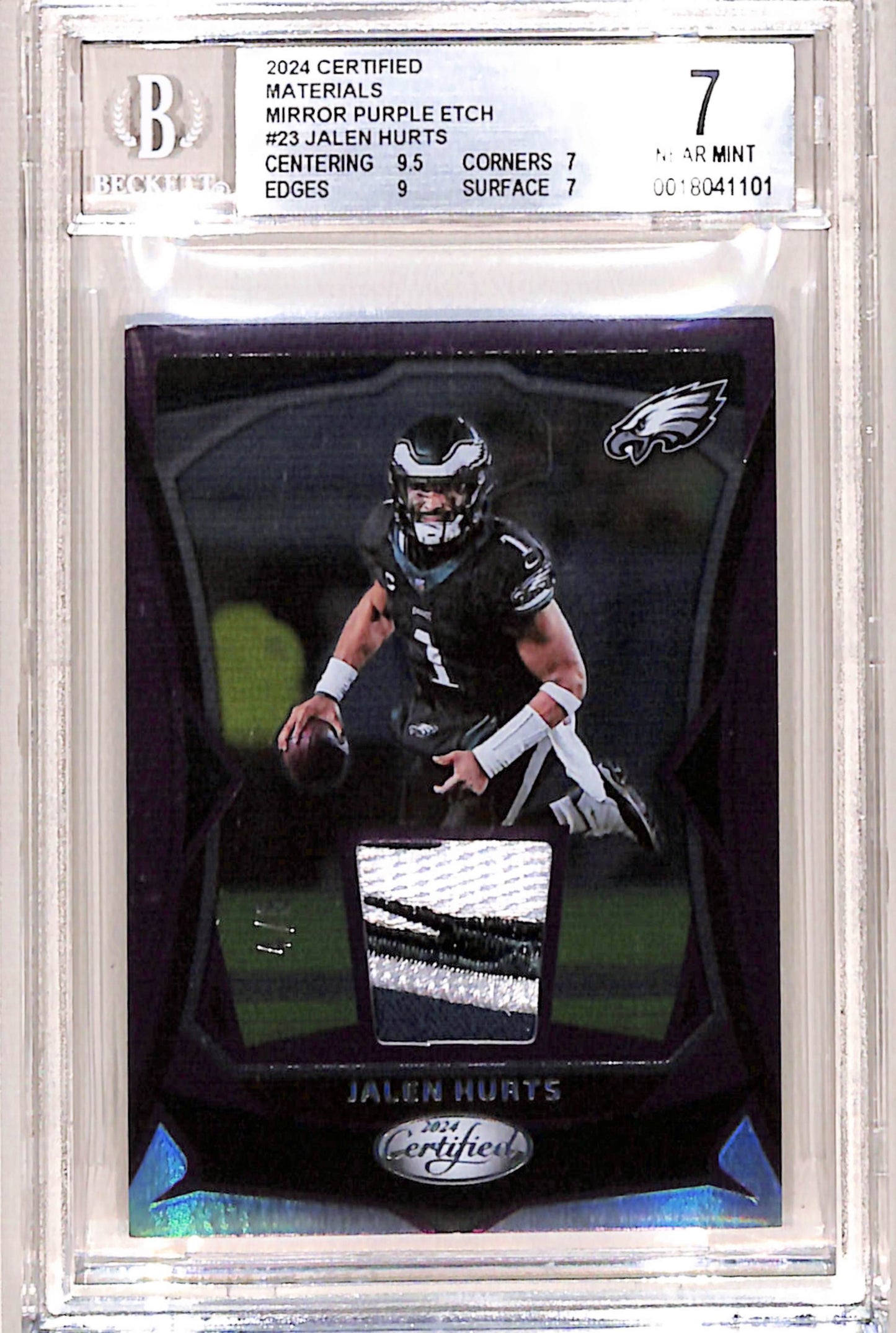 Jalen Hurts 2024 Panini Certified Mirror Purple Etch Patch #4/5 BGS 7 Near Mint