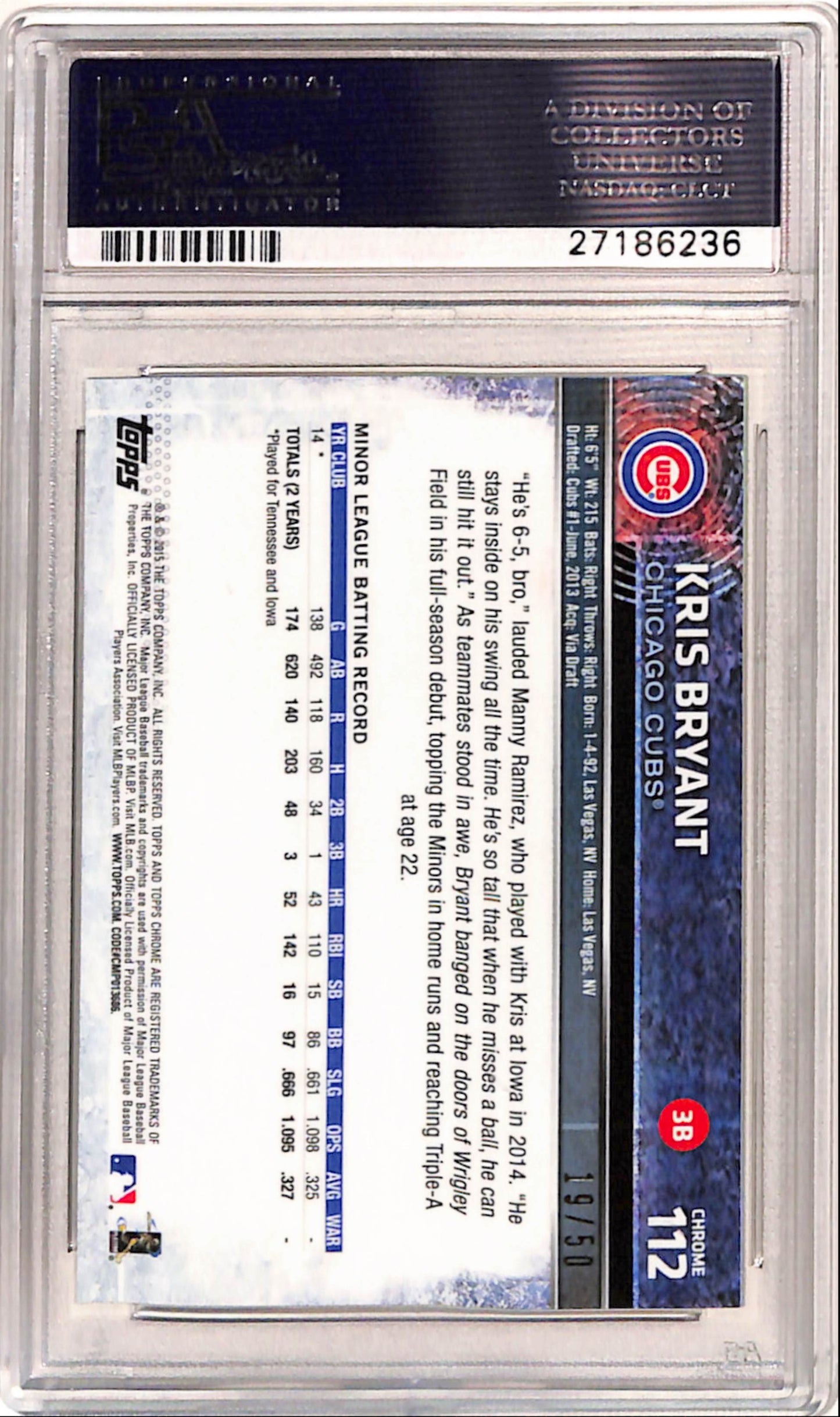 Kris Bryant 2015 Topps Chrome Gold Refractor Rookie #19/50 PSA 10 Gem Mint