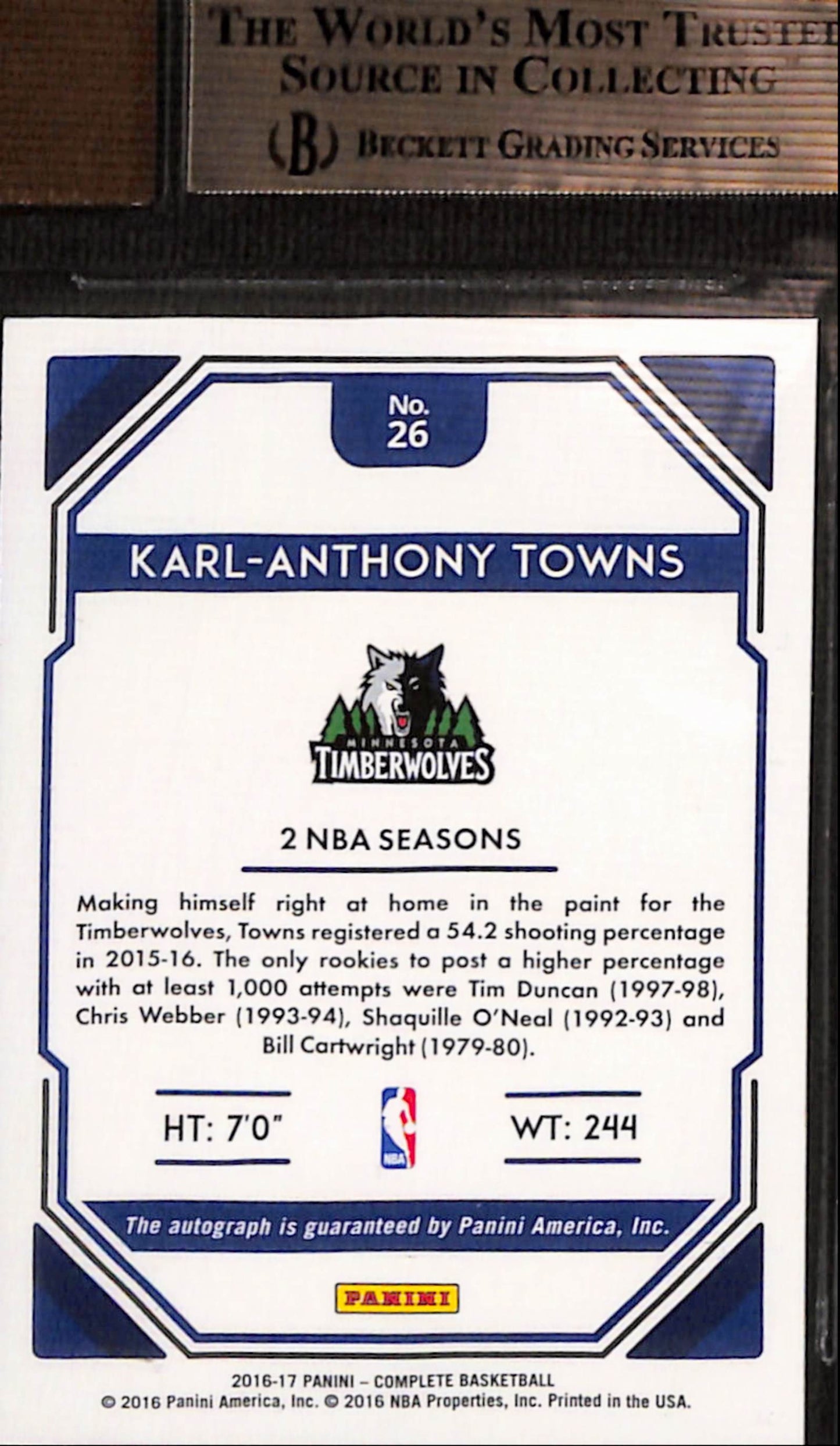 Karl-Anthony Towns 2016 Panini Complete Auto BGS 9.5 Auto 10