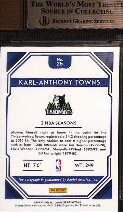 Karl-Anthony Towns 2016 Panini Complete Auto BGS 9.5 Auto 10