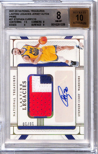 Stephen Curry 2021 National Treasures Lasting Legacies Gold Patch Auto #10/10 BGS 8 Auto 10