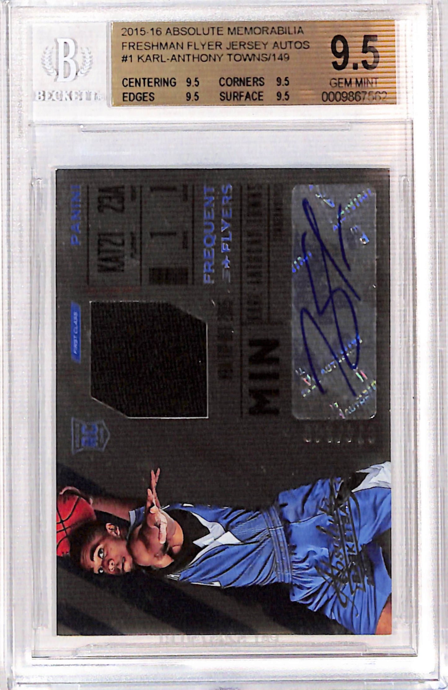 Karl-Anthony Towns 2015 Panini Absolute Rookie Jersey Auto #74/149 BGS 9.5;Auto 10