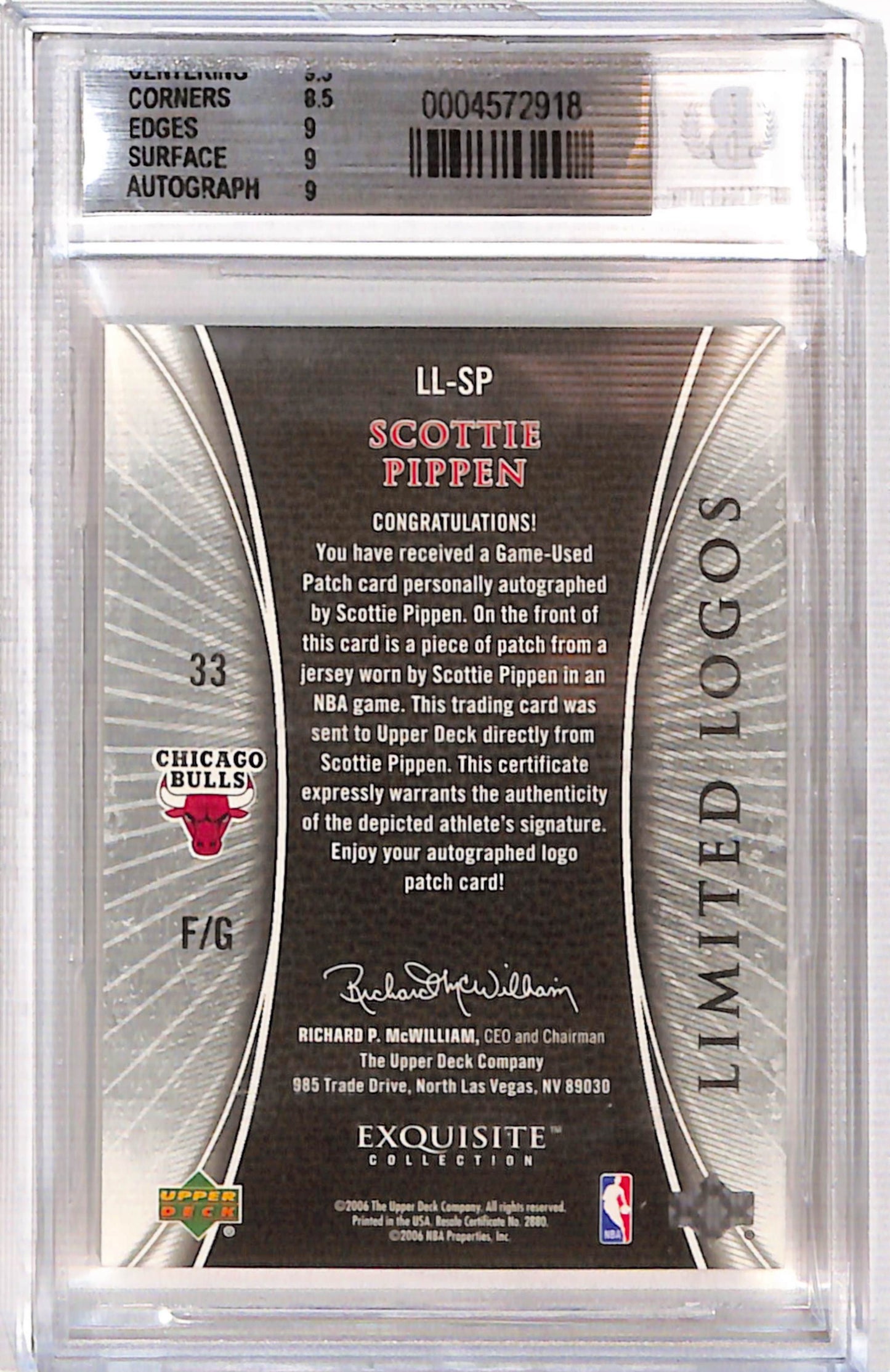 Scottie Pippen 2005 Upper Deck Exquisite Limited Logos Patch Auto #21/50 BGS 9 Mint