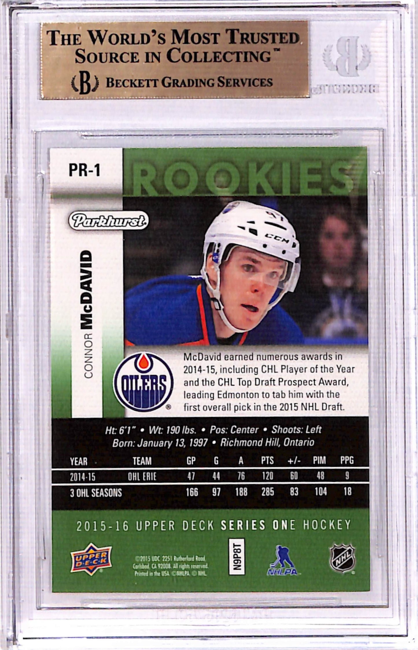 Connor McDavid 2015 Upper Deck Parkhurst Rookie #PR1 BGS 9.5 Gem Mint