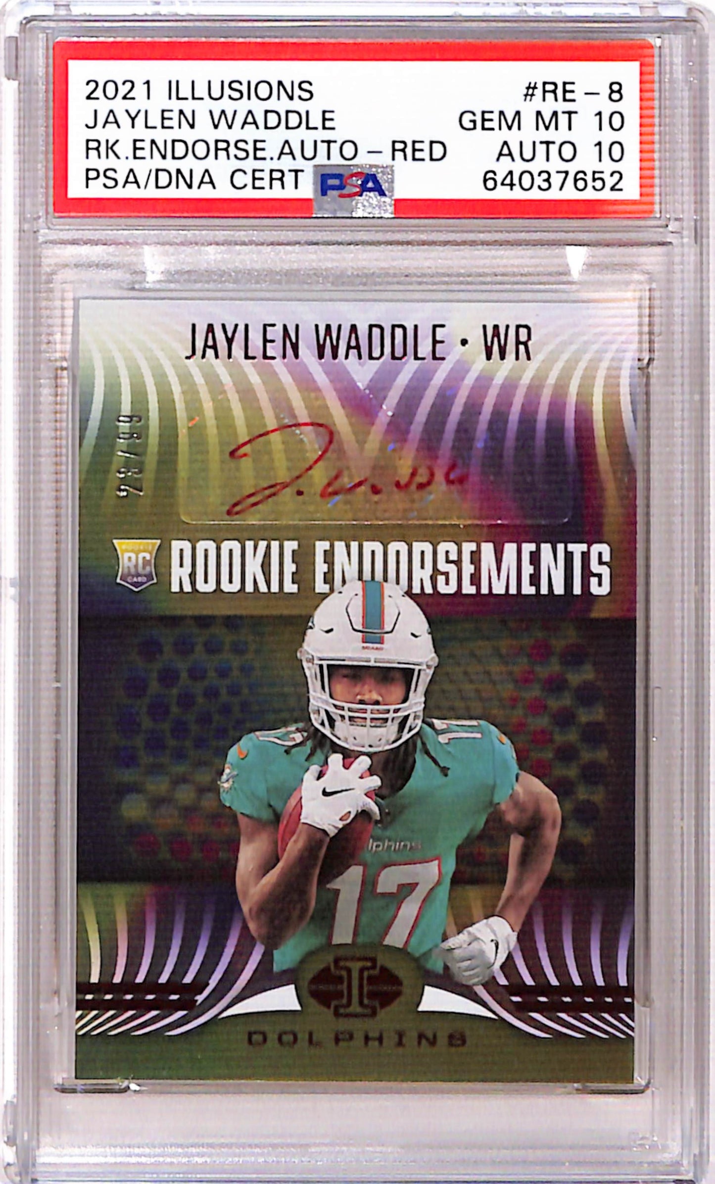 Jaylen Waddle 2021 Illusions Rookie Ensorements Red Auto #23/99 PSA 10 Auto 10