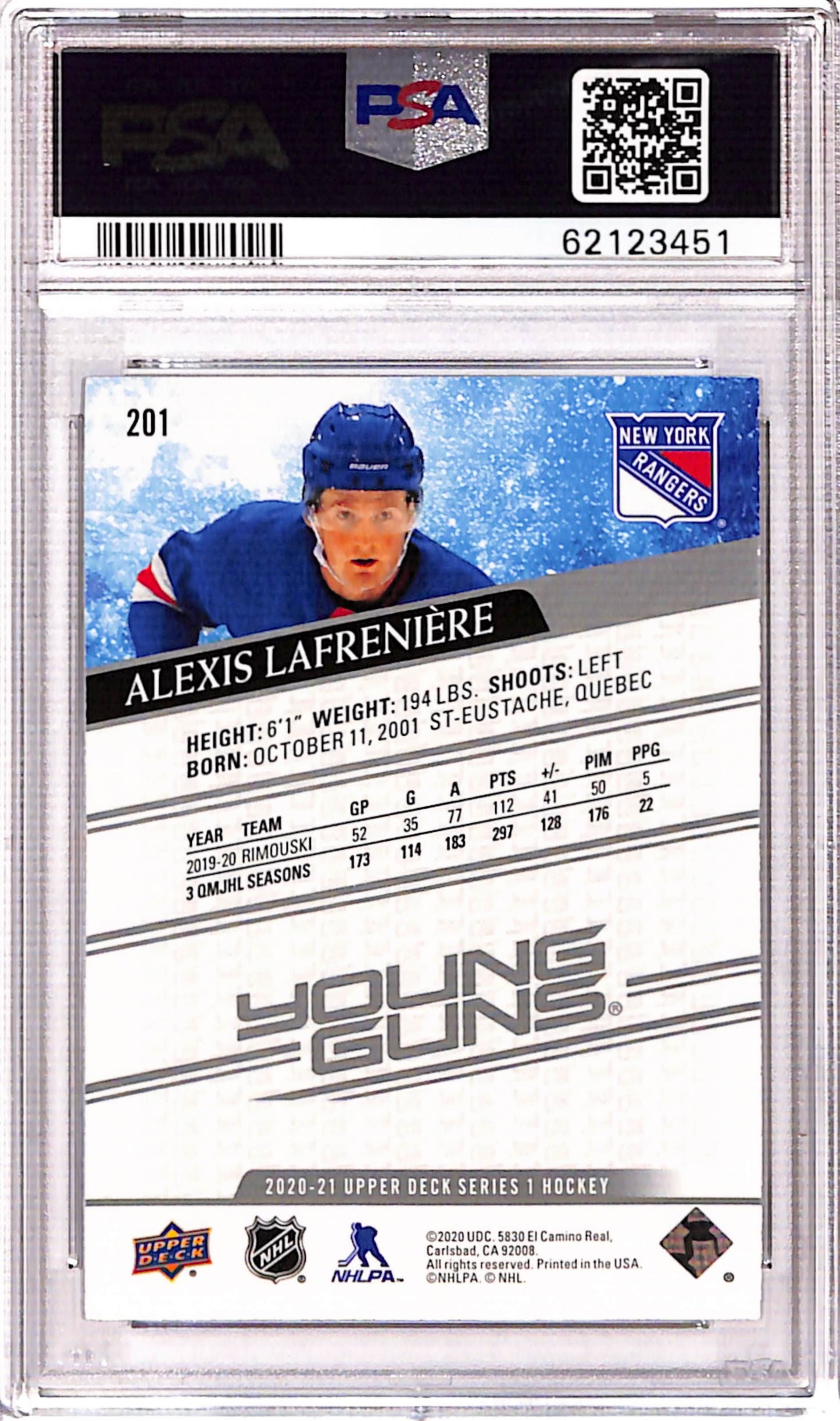 Alexis Lafreniere 2020 Upper Deck Rookie #201 PSA 10 Gem Mint 3451