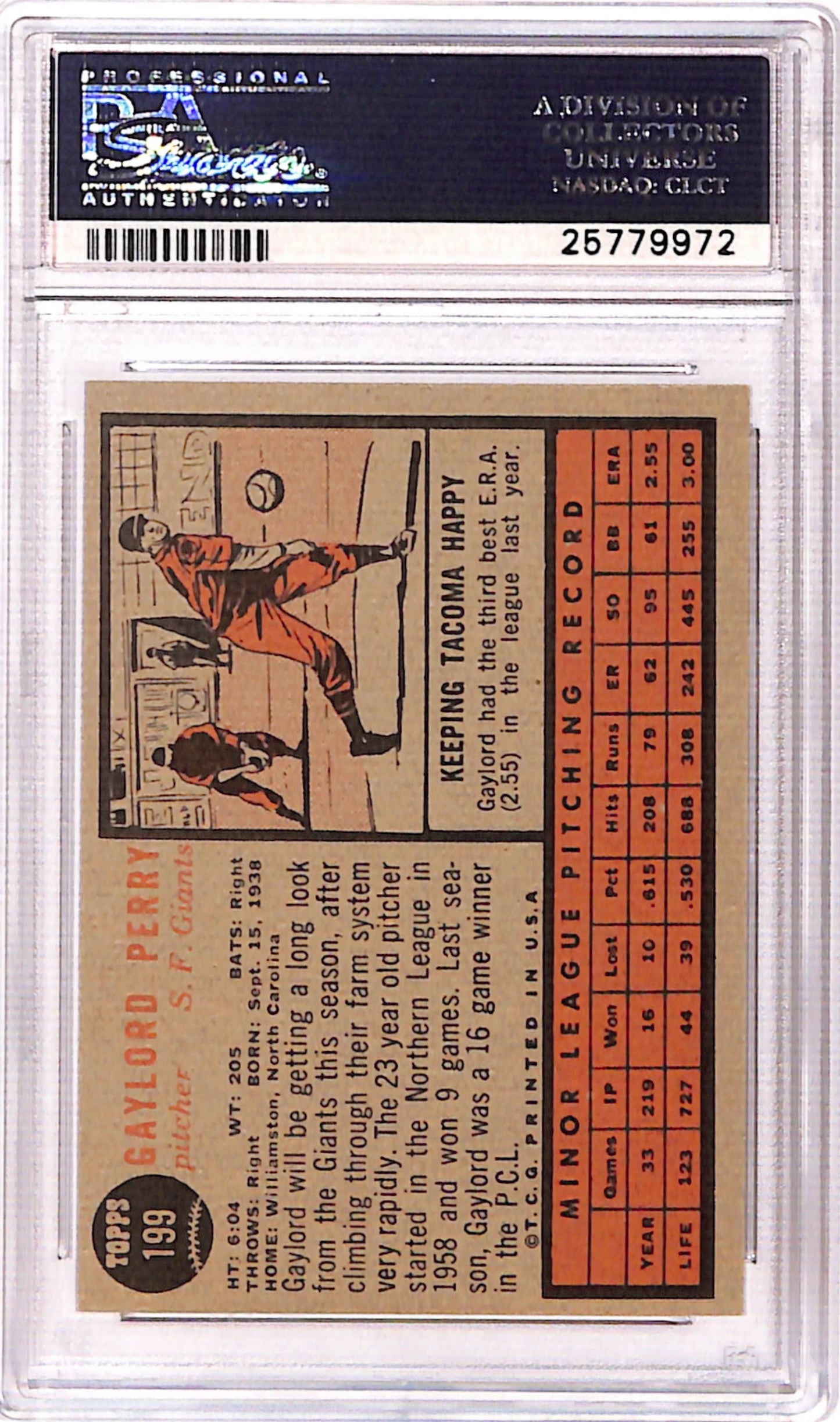 Gaylord Perry 1962 Topps Rookie #199 PSA 8 Nm-Mint