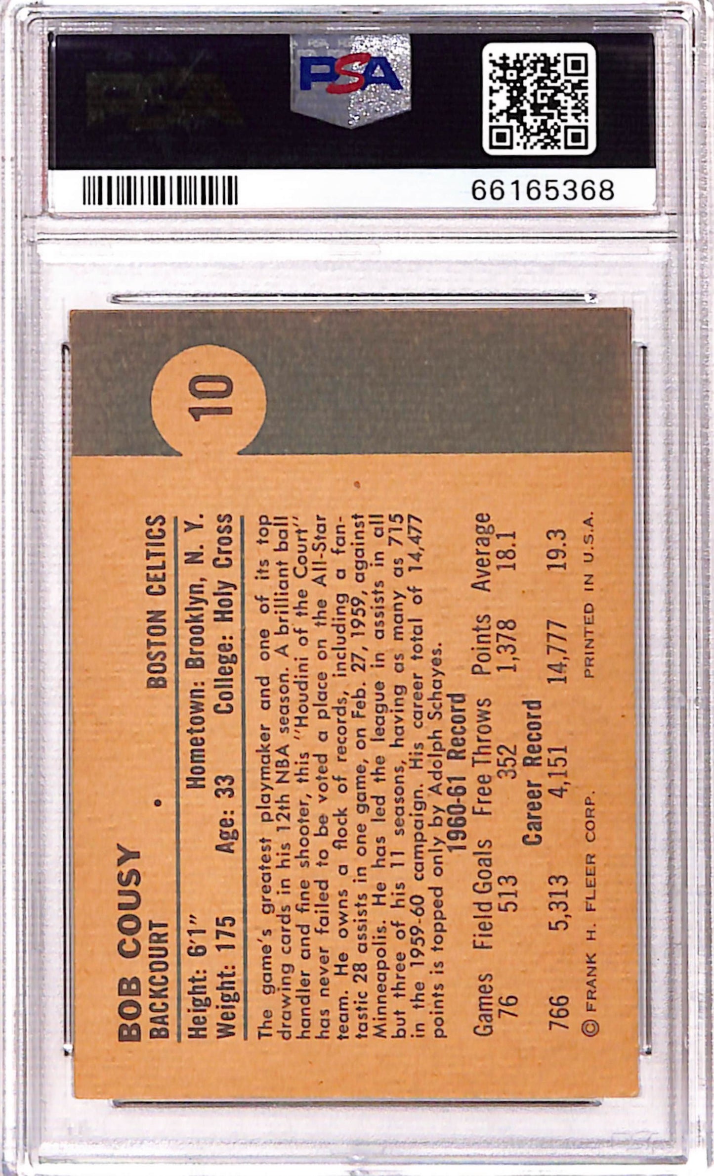 Bob Cousy 1961 Fleer #10 PSA 5 Ex