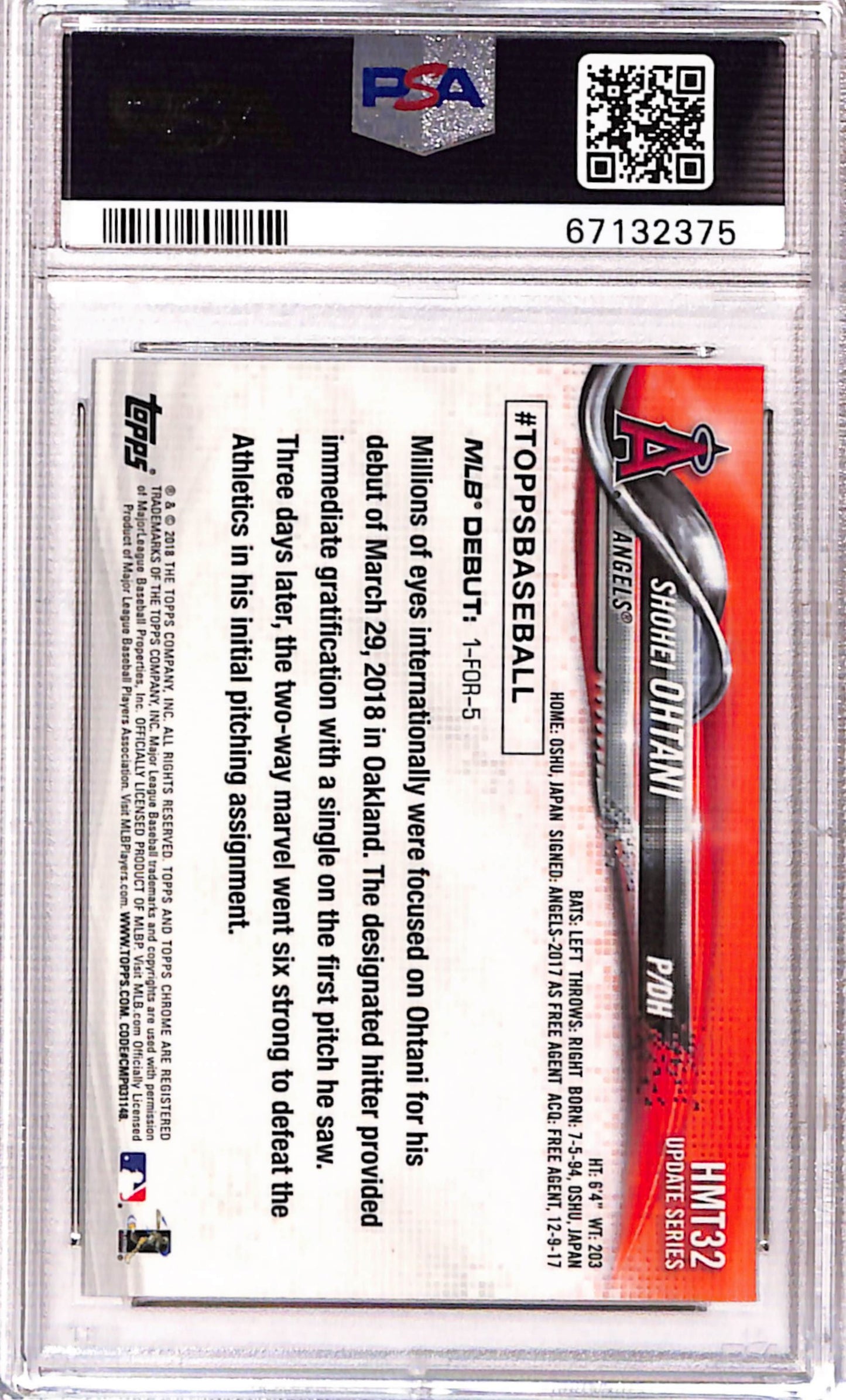 Shohei Ohtani 2018 Topps Update Rookie #HMT32 PSA 10 Gem Mint 2375