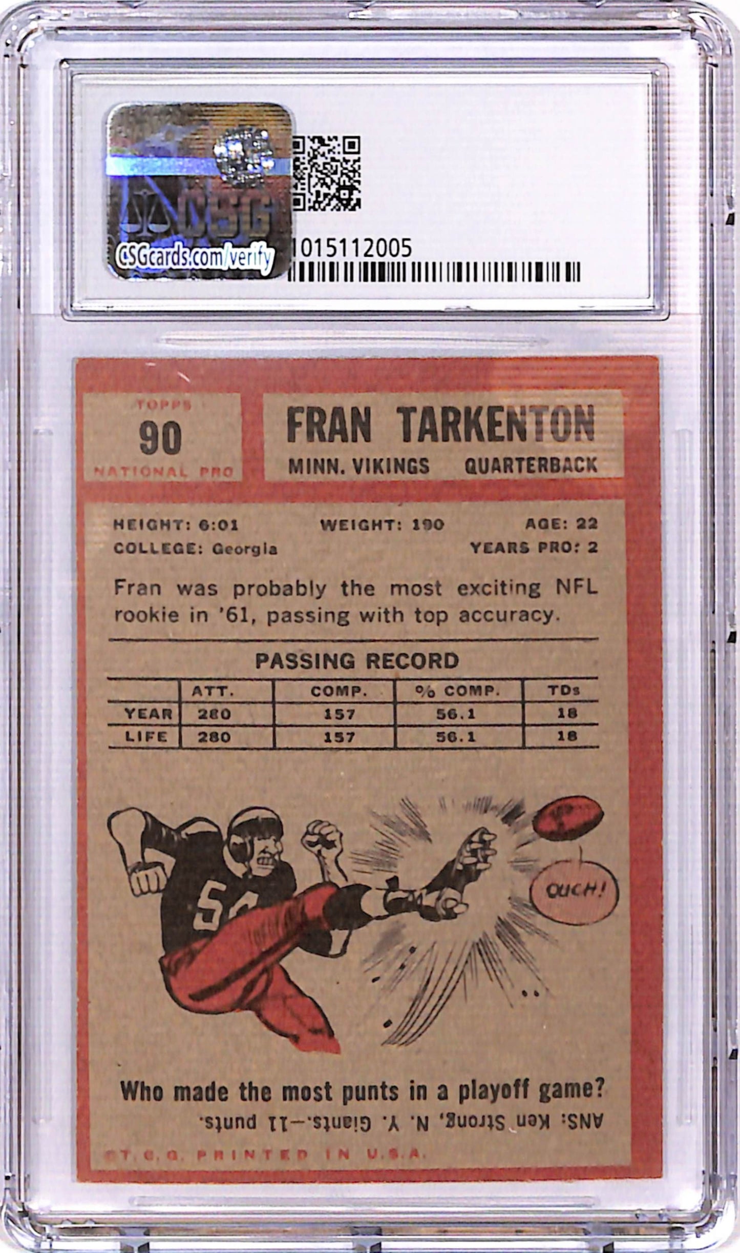 Fran Tarkenton 1962 Topps Rookie #90 CSG 3 Very Good