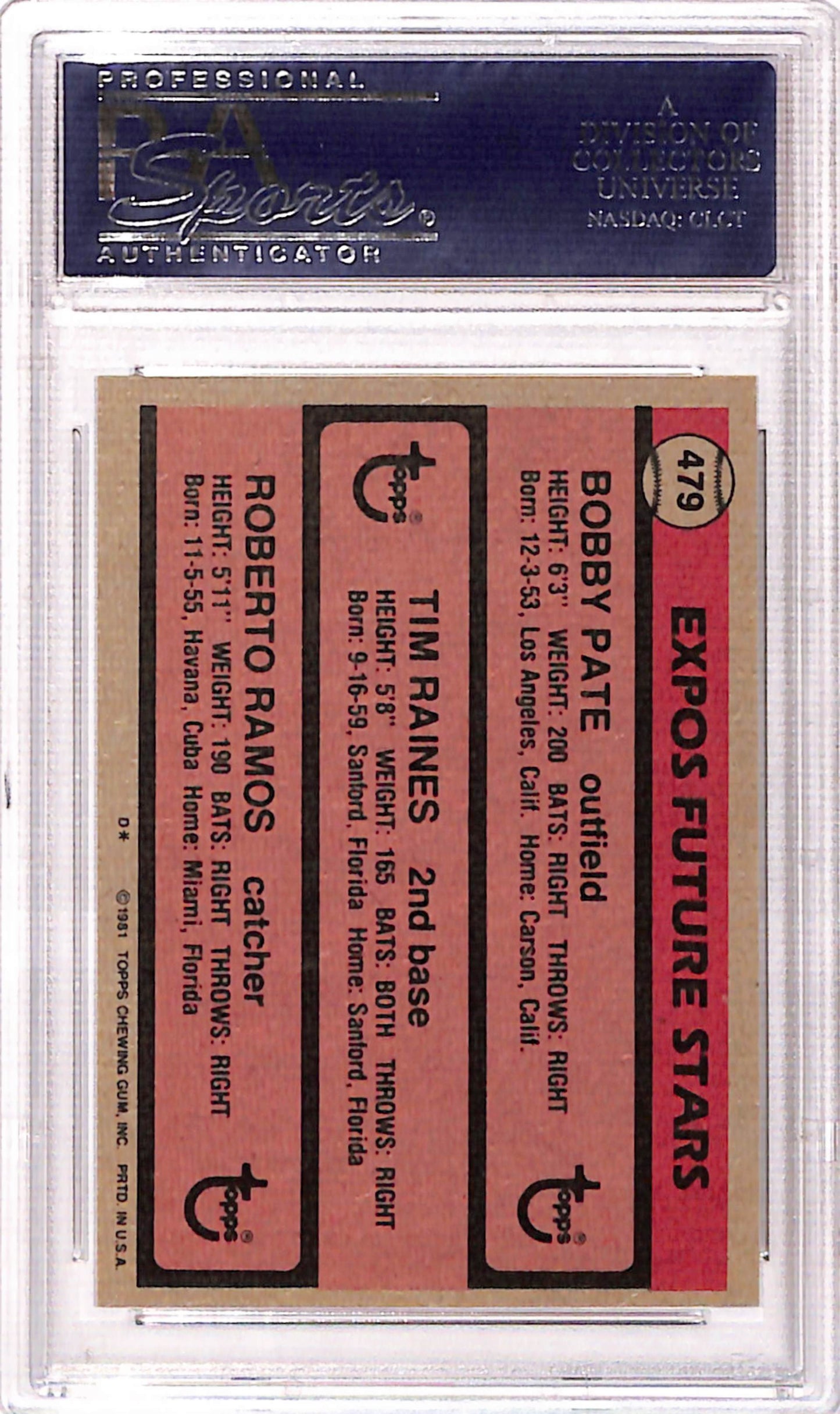Tim Raines 1981 Topps Rookie #479 PSA 10 Gem Mint