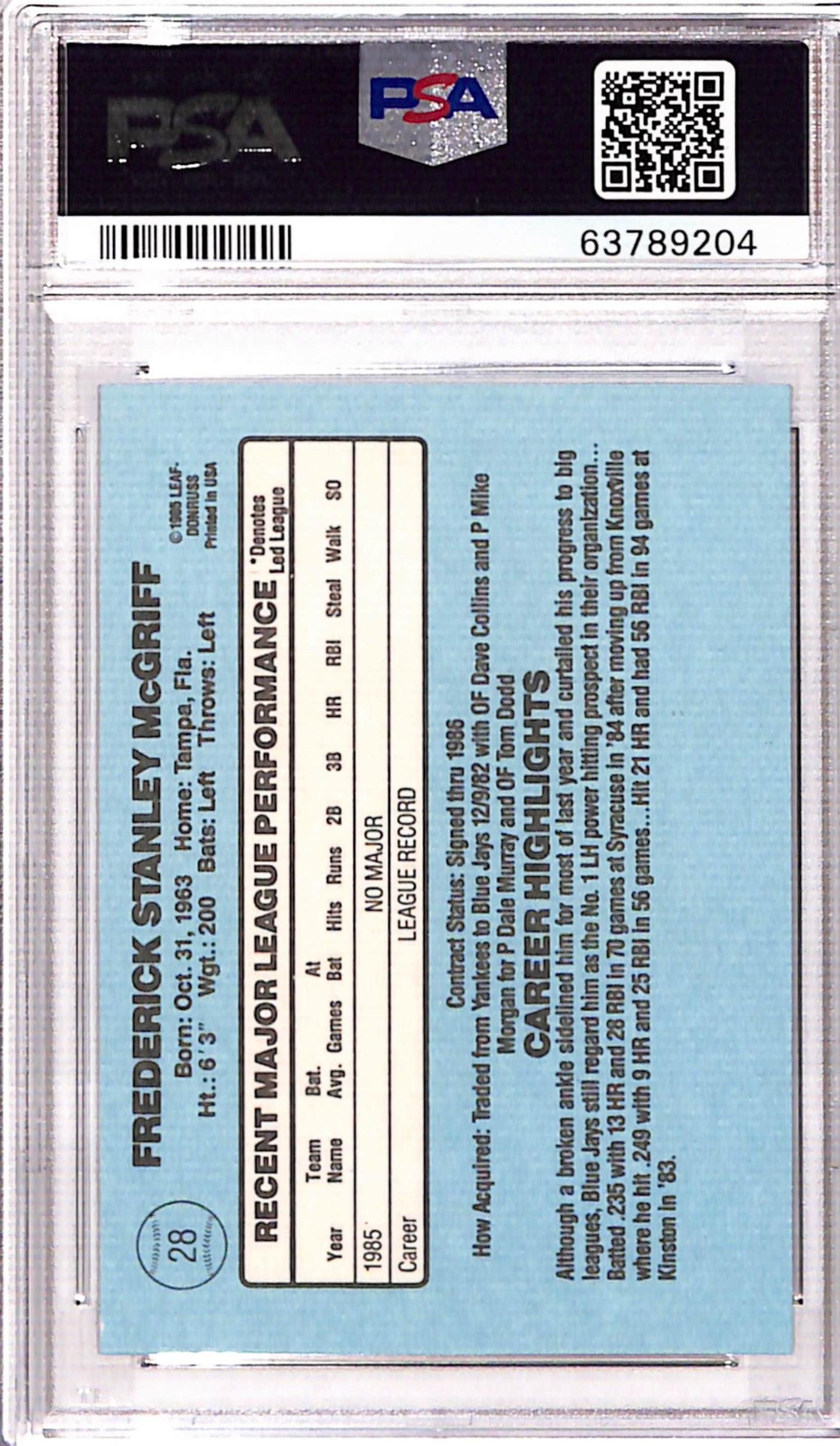 Fred McGriff 1986 Donruss Rookie #28 PSA 10 Gem Mint
