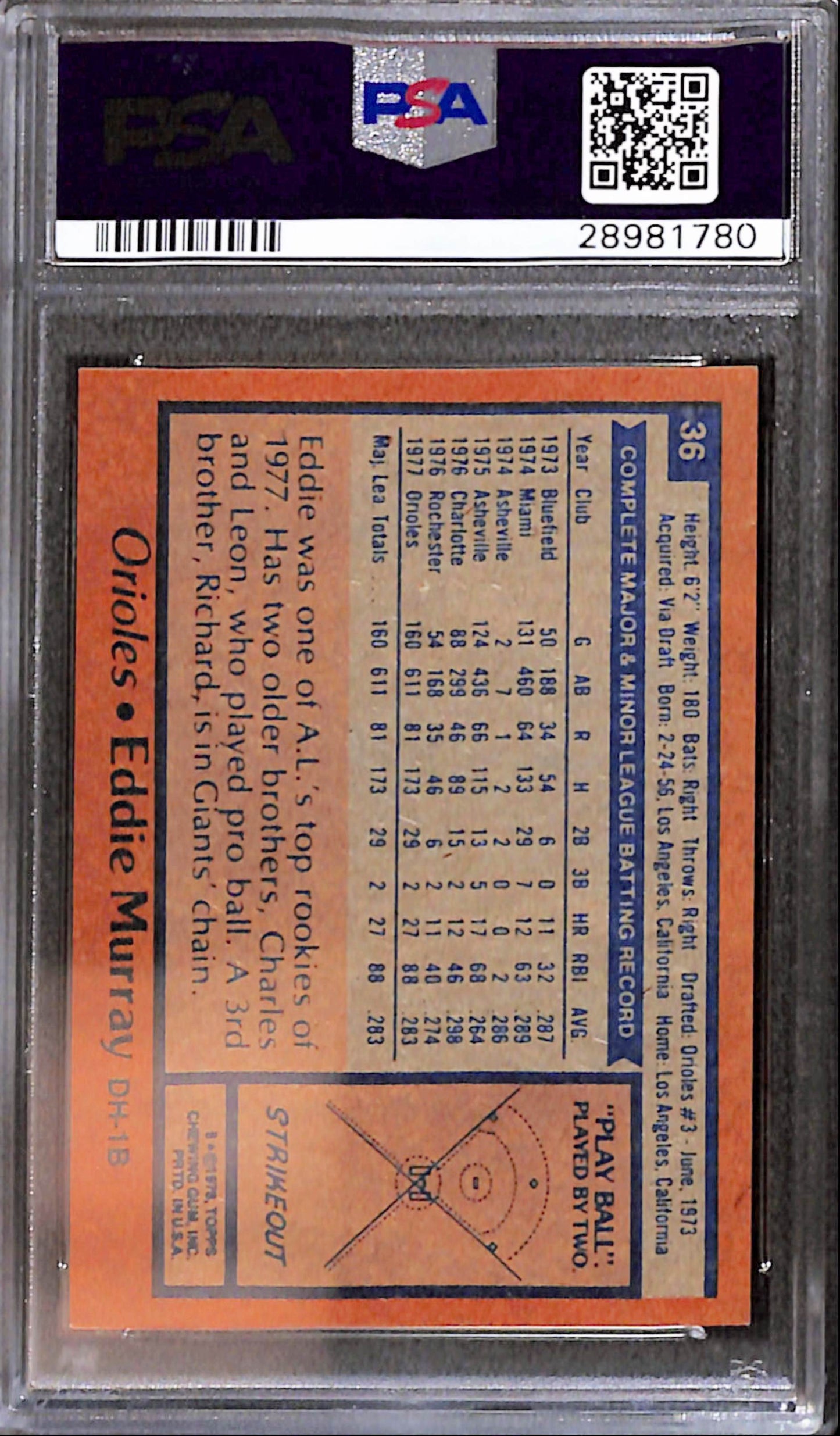 Eddie Murray 1978 Topps Rookie #36 PSA 9 Mint
