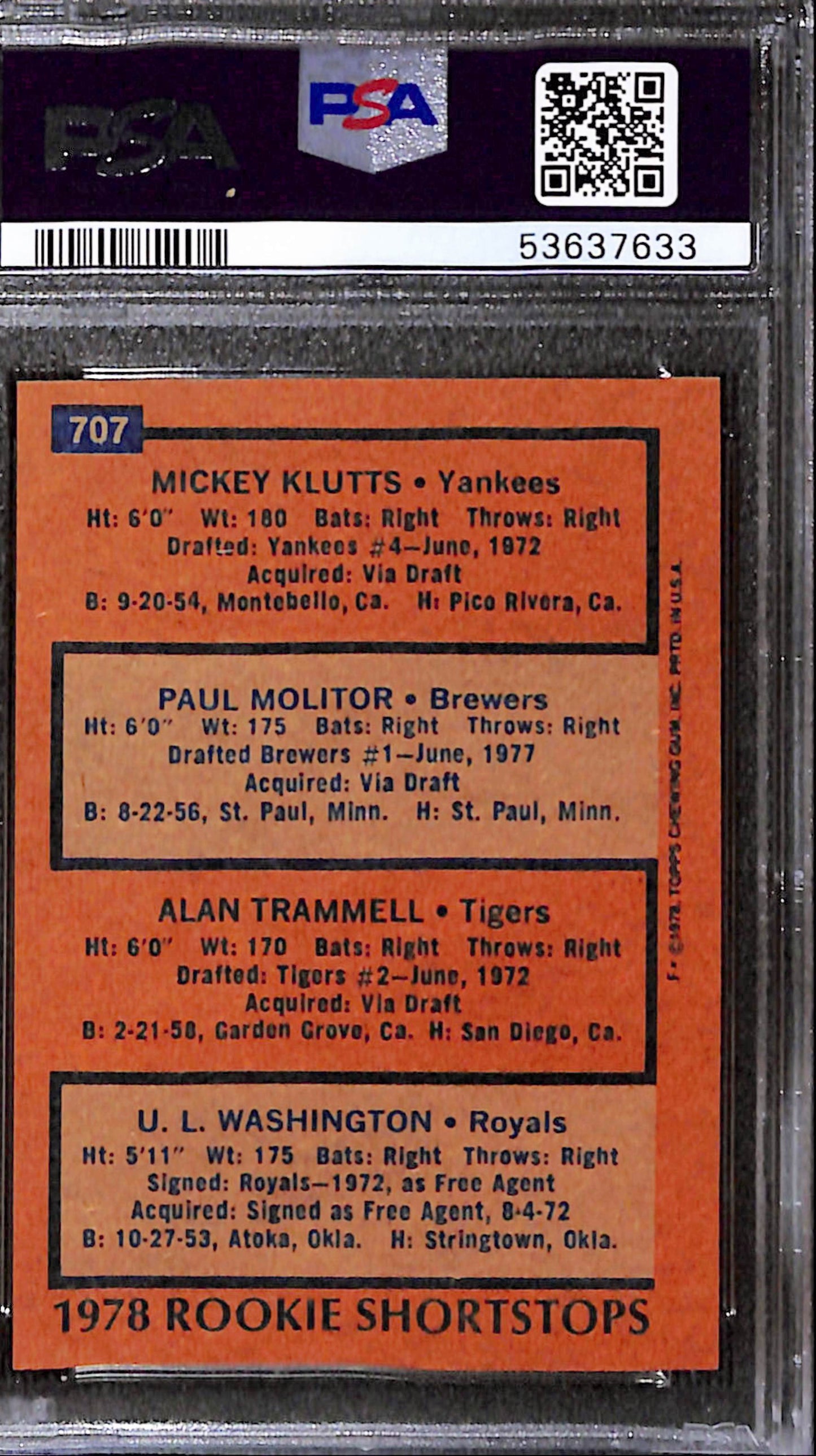 Paul Molitor + Alan Trammell 1978 Topps Rookie #707 PSA 9 Mint