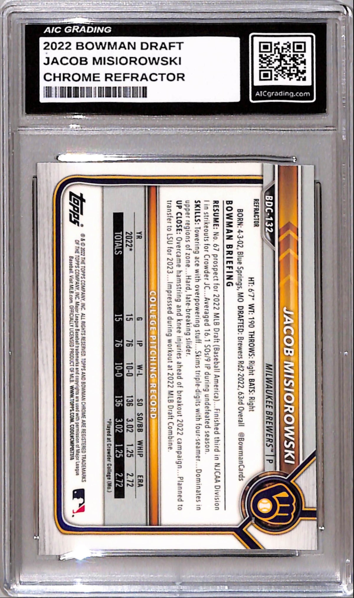 Jacob Misiorowski 2022 Bowman Chrome Draft Refractor AIC 10 Gem Mint