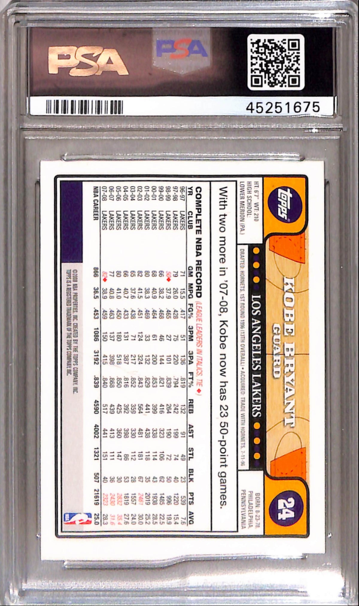 Kobe Bryant 2008 Topps #24 PSA 8 Nm-Mint 1675