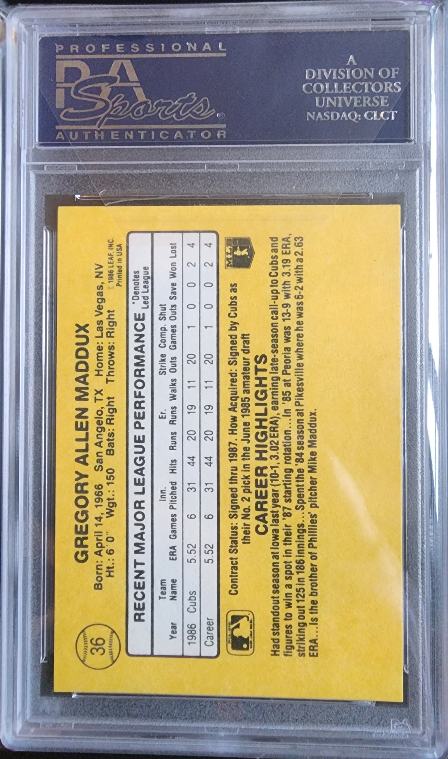 Greg Maddux 1987 Donruss #36 PSA 10 Gem Mint