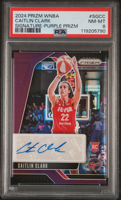 Caitlin Clark 2024 Panini Prizm WNBA Purple Prizm Auto #42/49 PSA 8 Nm-Mint
