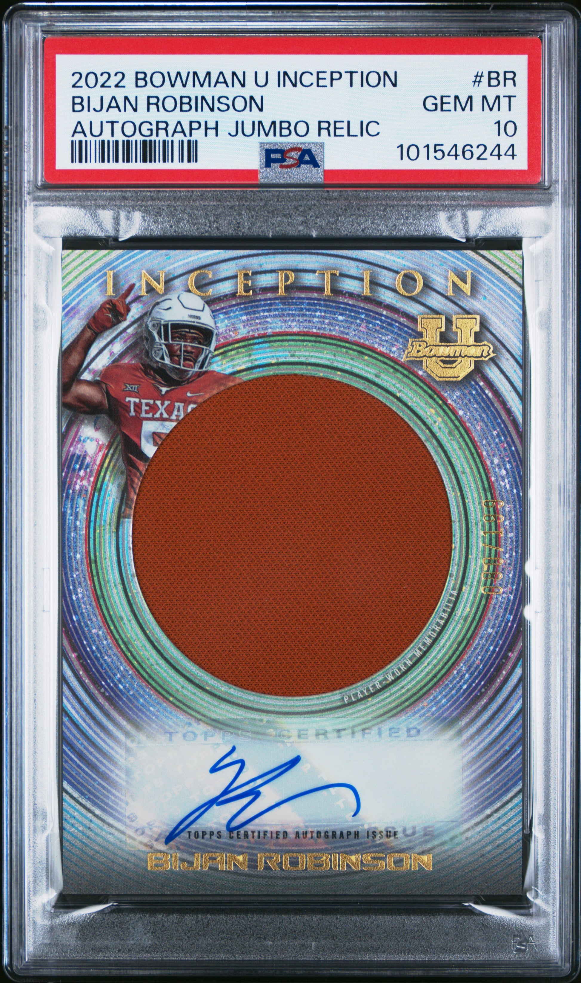 Bijan Robinson 2022 Bowman U Inception Jumbo Jersey Auto #80/199 PSA 10 Gem Mint