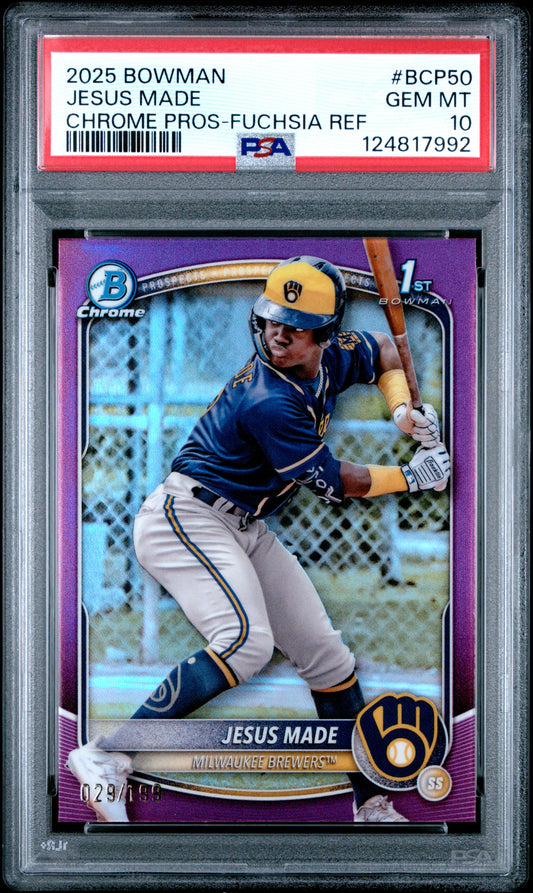 Jesus Made 2025 Bowman Chrome #BCP50 Fuschia Refractor #29/199 PSA 10 Gem Mint