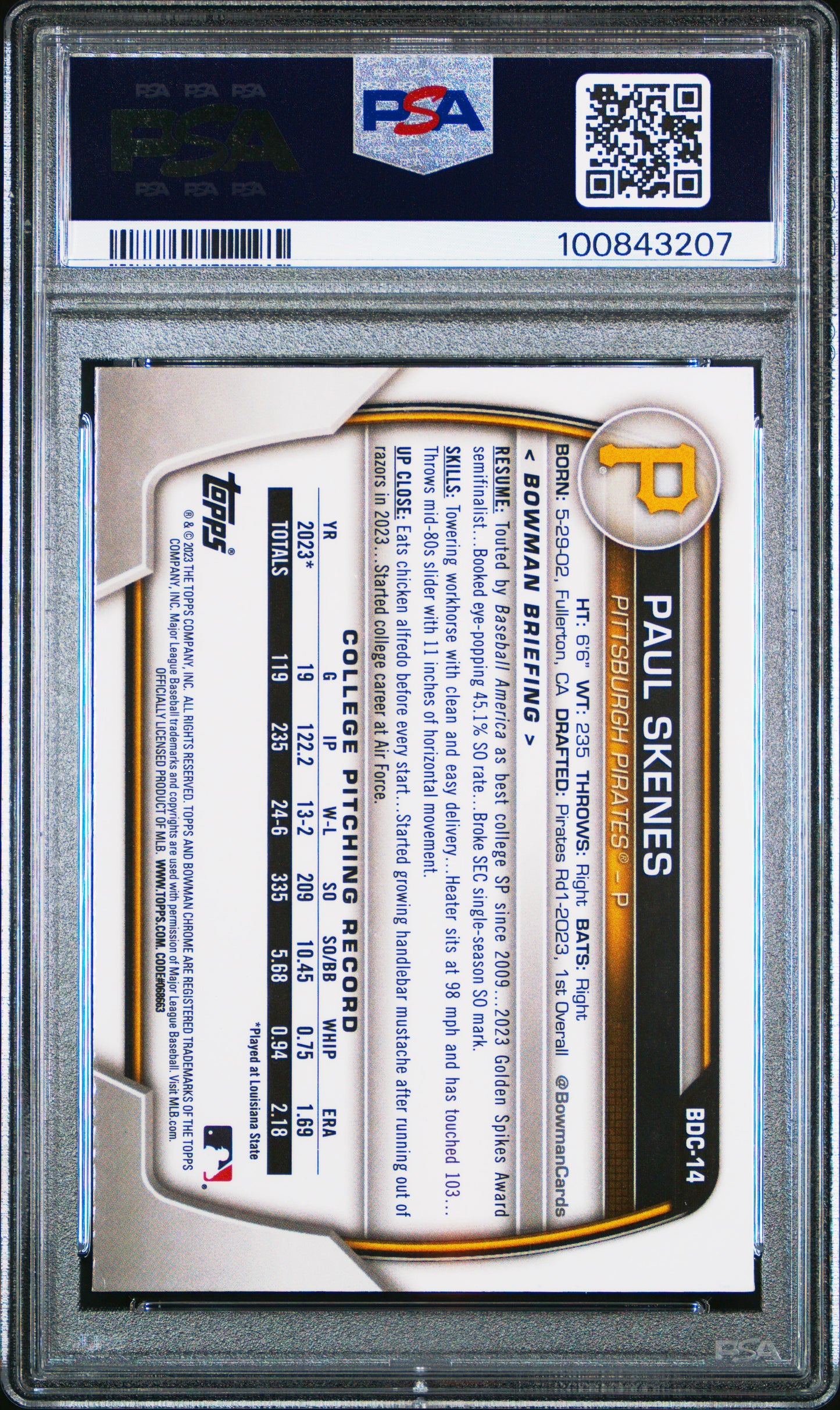 Paul Skenes 2023 Bowman Draft Blue Refractor #59/150 PSA 9 Mint