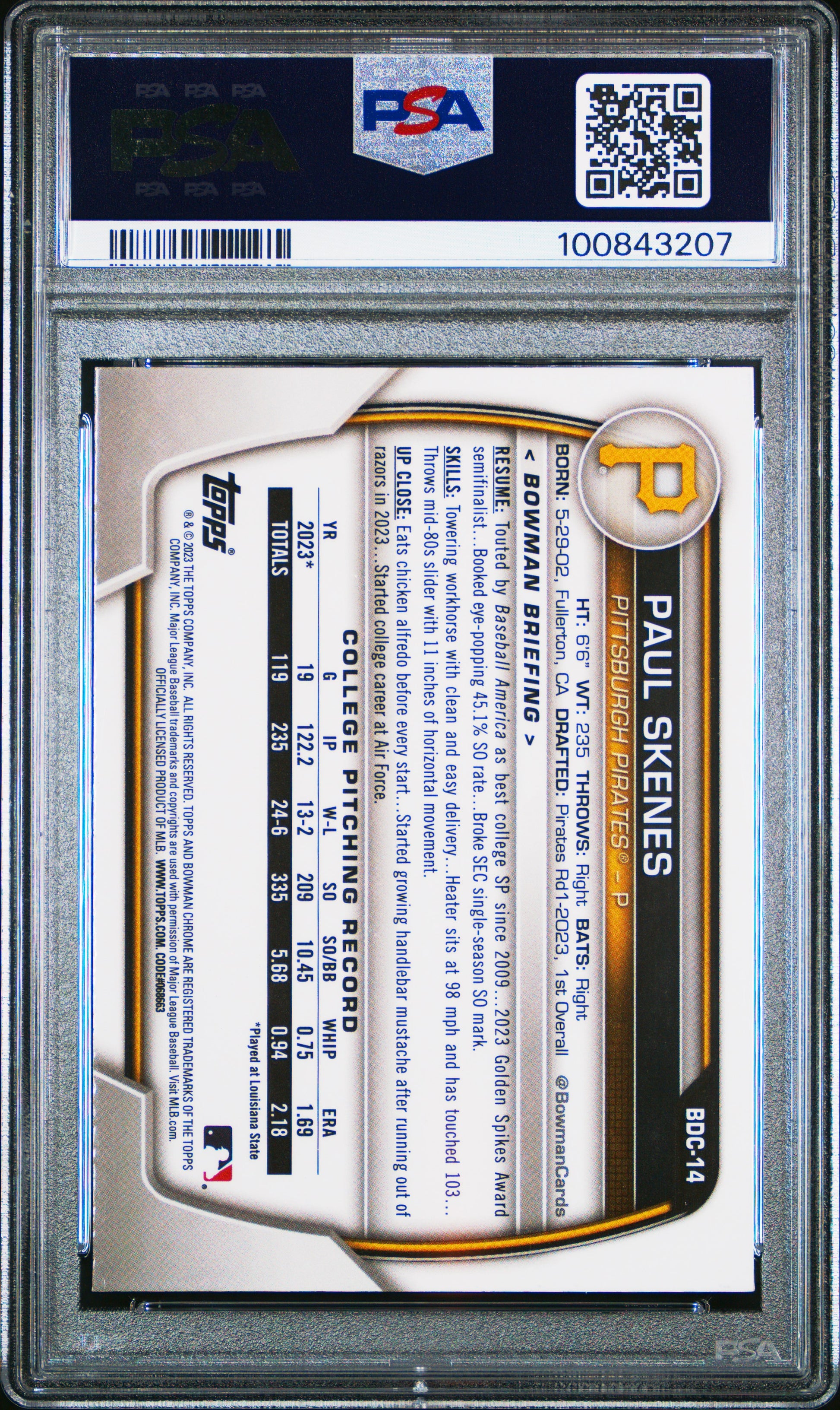 Paul Skenes 2023 Bowman Draft Blue Refractor #59/150 PSA 9 Mint