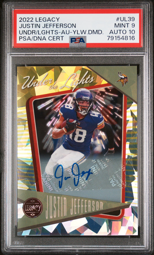 Justin Jefferson 2022 Panini Legacy Under the Lights Yellow Diamond Auto #2/3 PSA 9 Auto 10