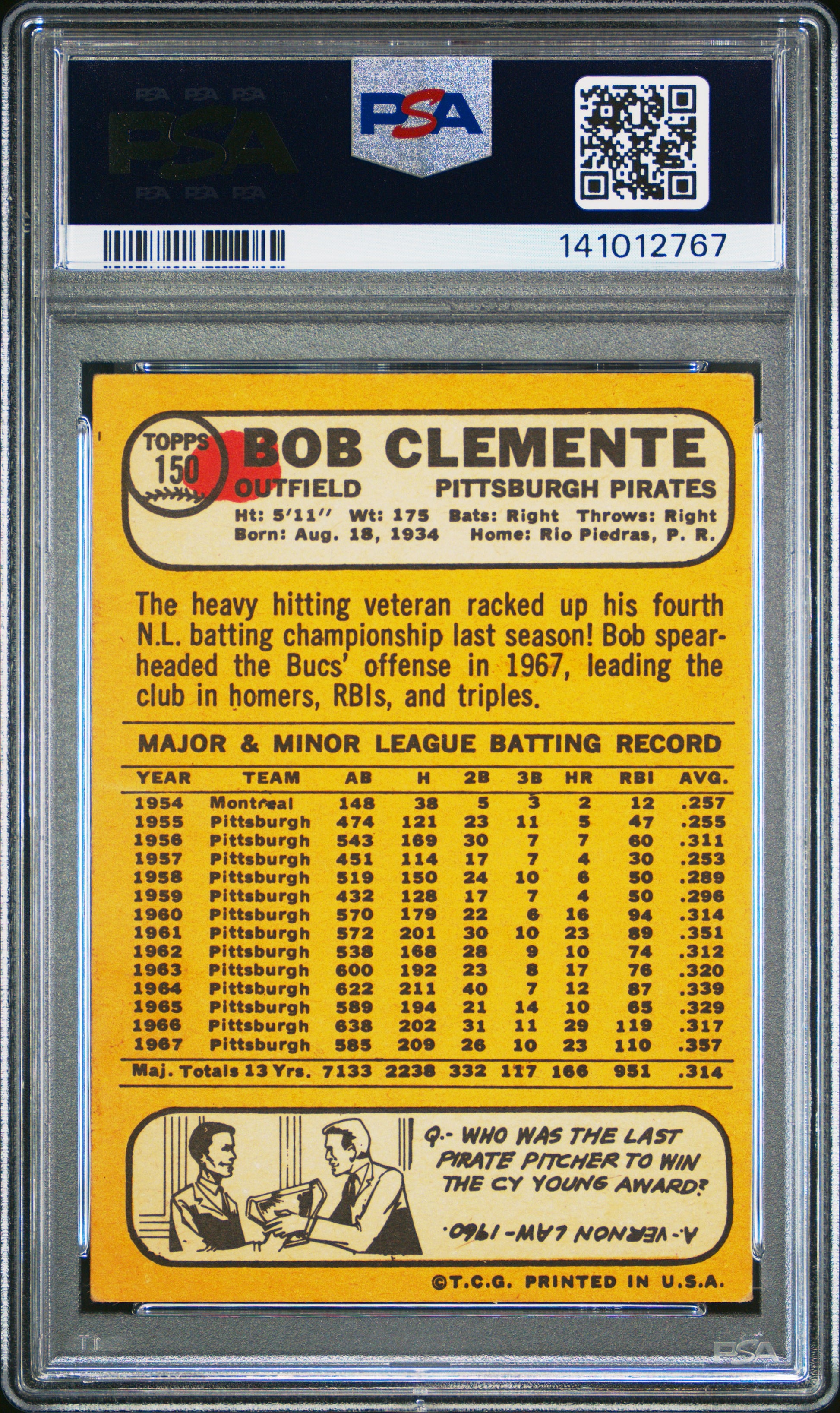 Bob Clemente 1968 Topps #150 PSA 3 (MK) Very Good