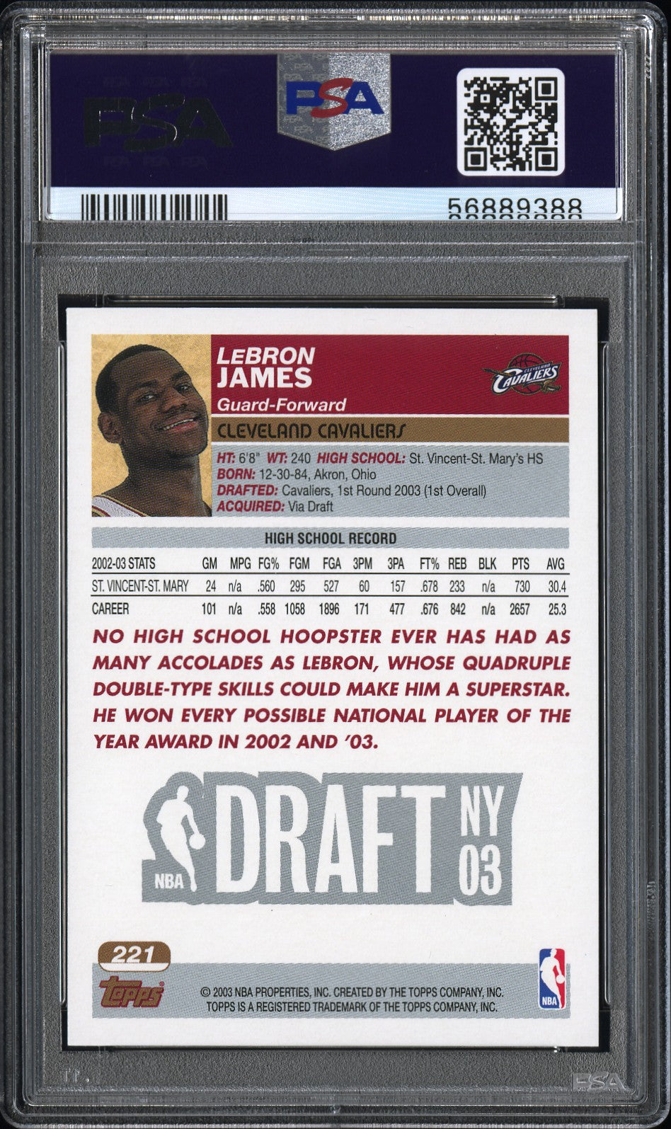 LeBron James 2003 Topps 1st Edition Rookie #221 PSA 9 Mint