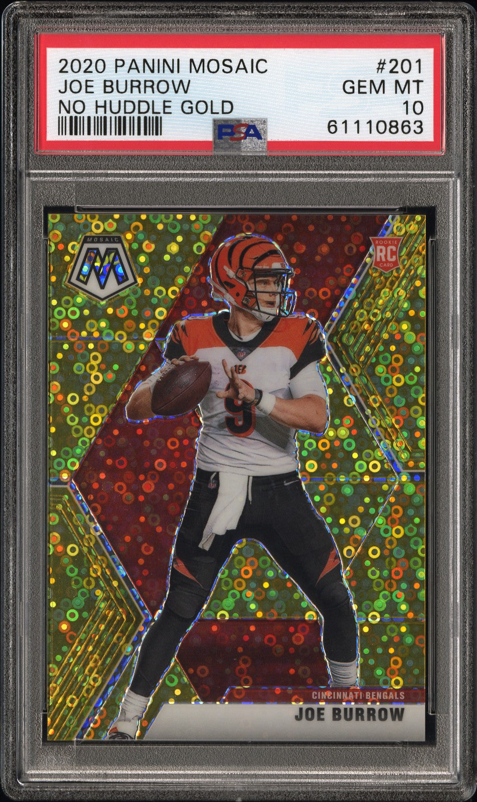 Joe Burrow 2020 Panini Mosaic Rookie #201 No Huddle Gold #2/10 PSA 10 Gem Mint