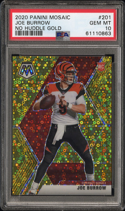 Joe Burrow 2020 Panini Mosaic Rookie #201 No Huddle Gold #2/10 PSA 10 Gem Mint