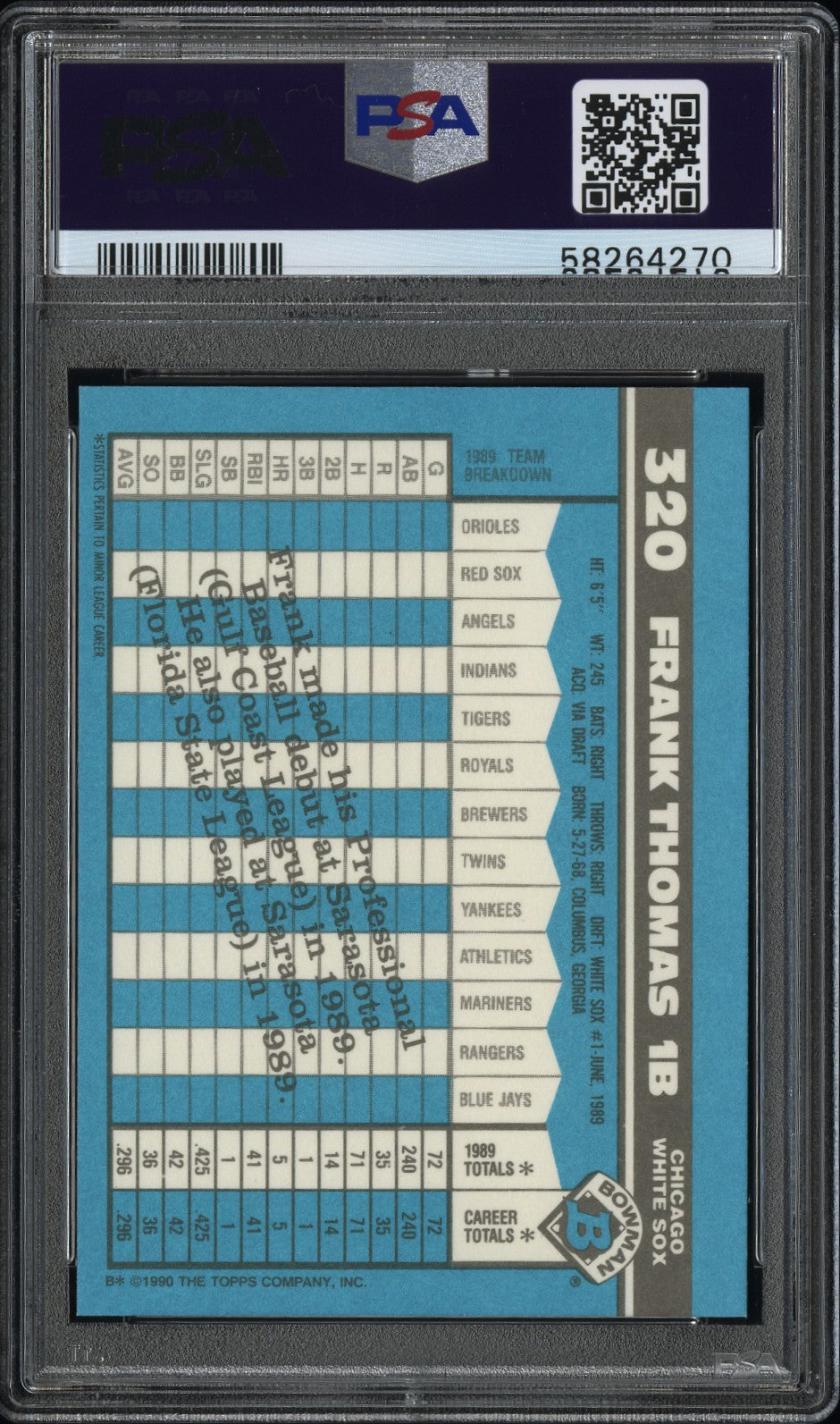 Frank Thomas 1990 Bowman Tiffany Rookie #320 PSA 10 Gem Mint