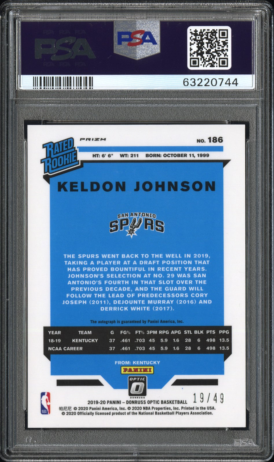Keldon Johnson 2019 Donruss Optic Purple Stars Auto Rookie #19/49 PSA 10 Gem Mint