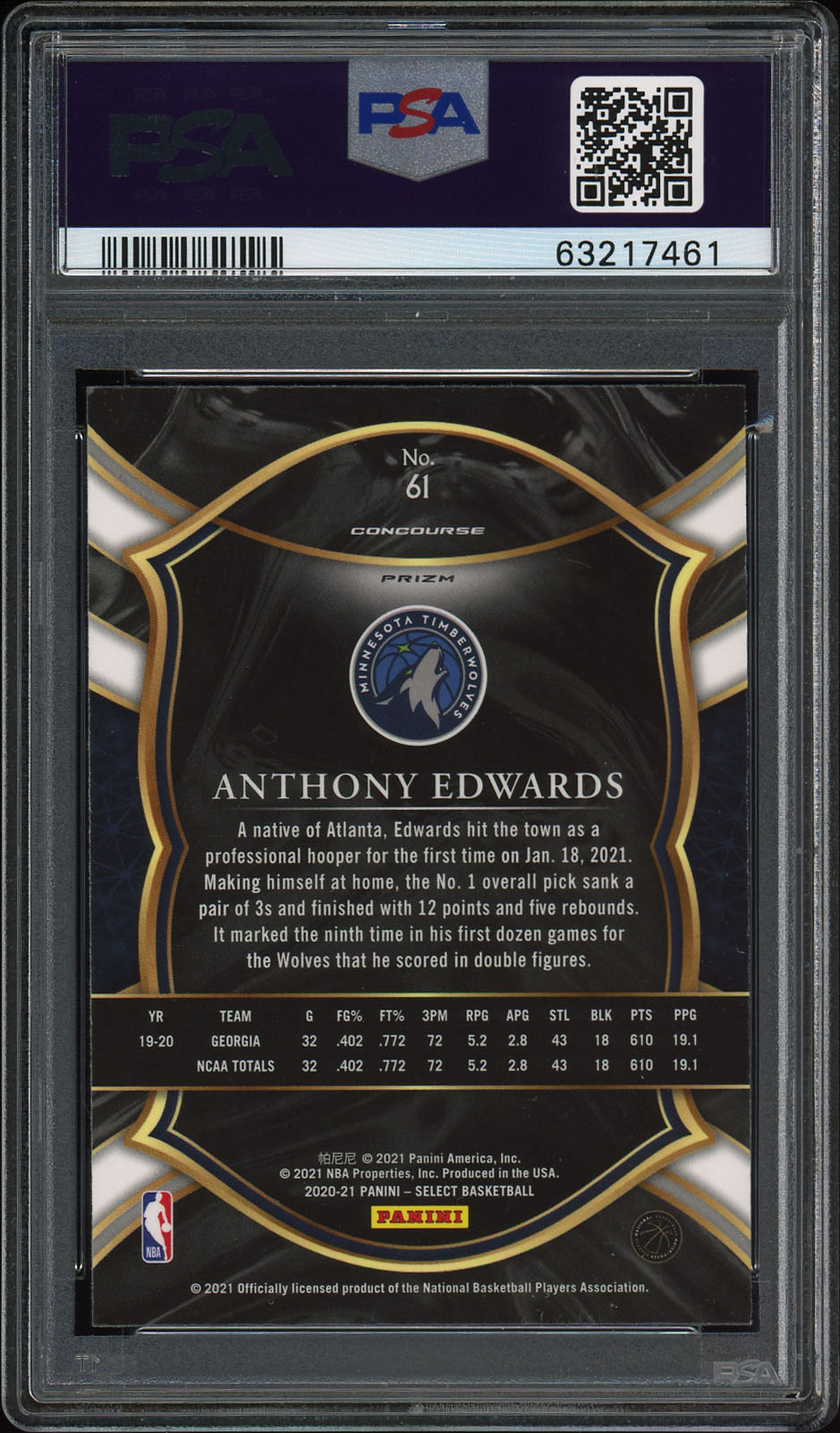 Anthony Edwards 2020 Panini Select Rookie #61 Disco Prizm PSA 10 Gem Mint 7461
