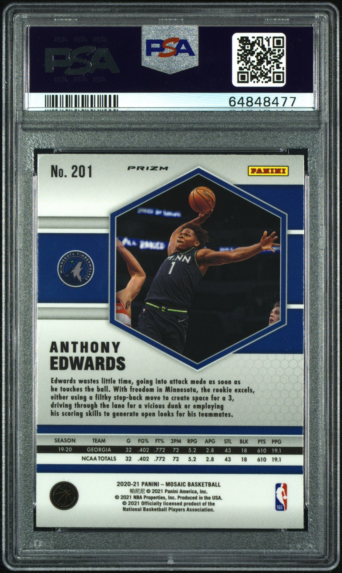 Anthony Edwards 2020 Panini Mosaic Rookie #201 Gold Wave PSA 10 Gem Mint 8477