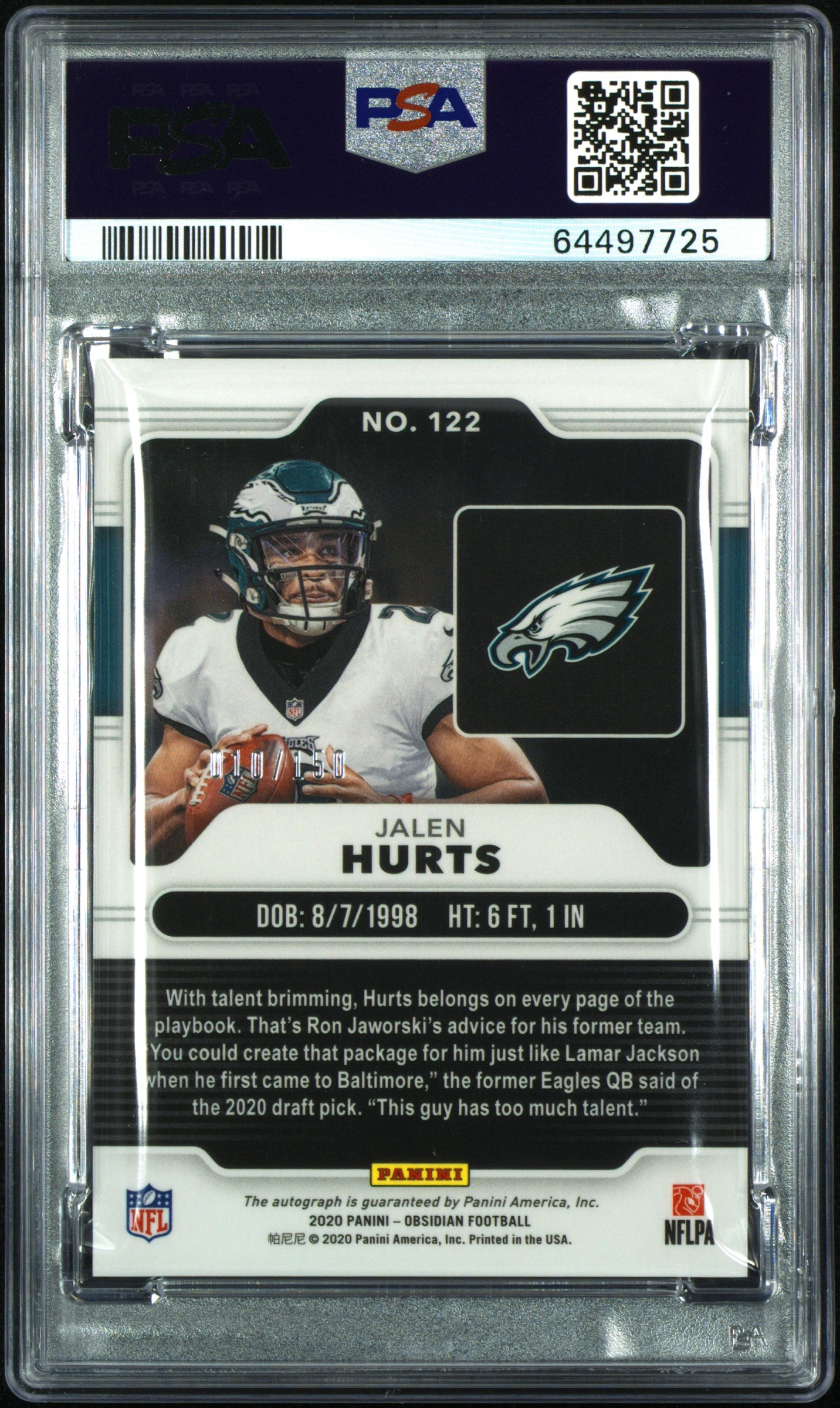 Jalen Hurts 2020 Panini Obsidian Rookie Autograph #10/150 PSA 10 Gem Mint