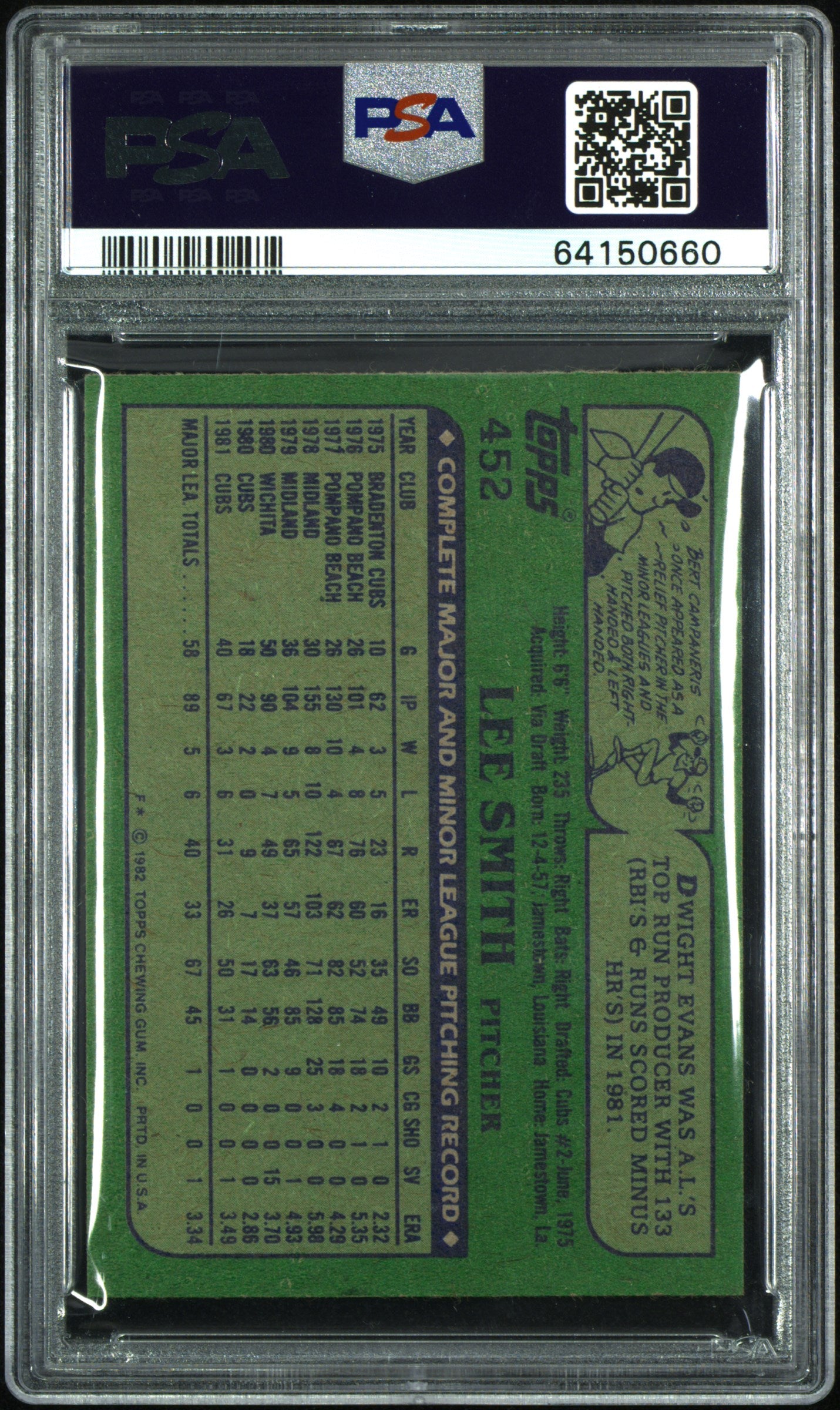 Lee Smith 1982 Topps Rookie #452 PSA 10 Gem Mint